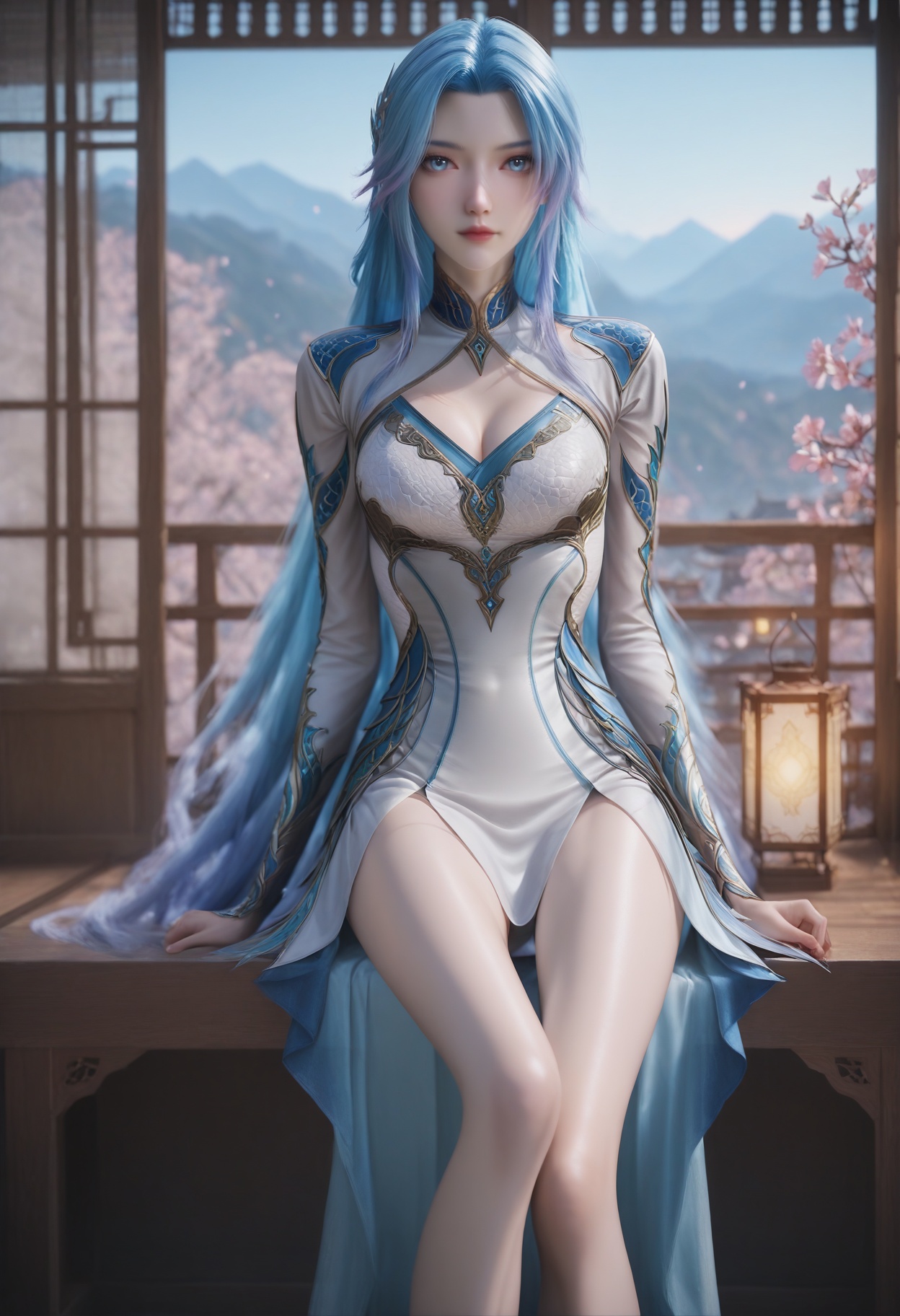 Wang_qiuer,1girl,solo,blue hair,multicolored hair,blue eyes,gradient hair,looking at viewer,very long hair,<lora:Wang_qiuer_10_illu-000006:0.75>,dress,clothing cutout,white dress,cleavage cutout,blue dress,photorealistic,hyperrealistic,<lora:realistic filter [IL]:1>,looking at viewer,sitting,(thin legs,very thin thighs,slim thighs,skinny,slender thighs:1.5),lantern,open window,looking at viewer,indoors,mountains,blossoms,flowers,east asian architecture,beautiful sunrise,warm ambient temperature,