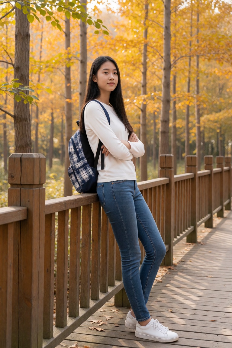 A photograph of an Asian woman with long,  straight black hair,  standing on a wooden bridge in a forest with autumn folia...