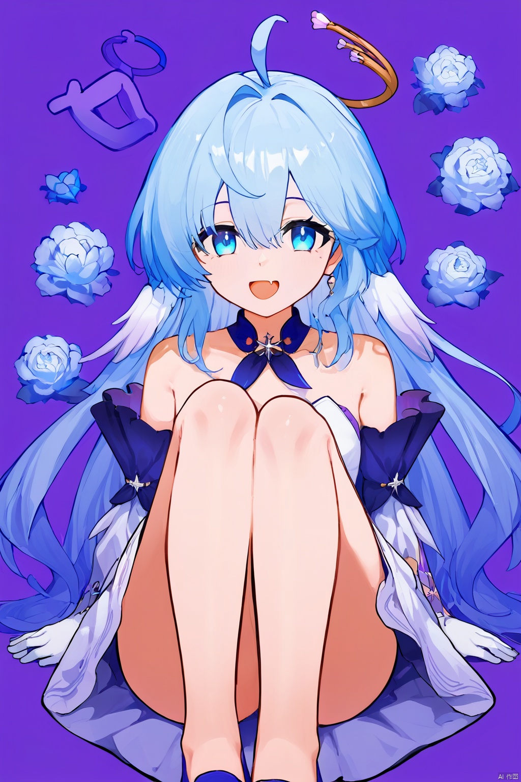 nai3, 1girl, solo, ahoge, virtual youtuber, , flower, looking at viewer, sitting, open mouth, smile,bangs,between legs, :d, hand between legs, purple background, fang, feet out of frame,haoche\\\\\\\\\\\\\\zgn,1girl,long hair,halo,blue eyes,gloves,bangs,white dress,bare shoulders,blue hair,blue footwear<lora:EMS-311409-EMS:0.800000>