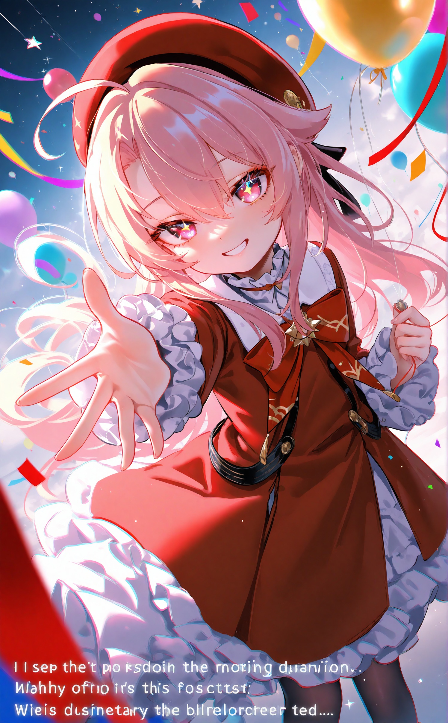 masterpiece,very aware,highres,absurdres,newest,best quality,loli,petite,high quality,chromatic_aberration,cinematic_angle,dutch angle,//,1girl, red headwear, solo, dress, smile, bow, long hair, red dress, balloon, hat, pink eyes, beret, reaching, bowtie, ahoge, looking at viewer, red bow, watermark, reaching towards viewer, star (symbol), frills, long sleeves, streamers, confetti, red bowtie, candy, hair between eyes, ribbon, blue ribbon, red eyes, teeth, sparkle, grin, food, ok sign, feet out of frame, english text, sample watermark, frilled dress, chromatic aberration, star (sky), artist logo, outstretched hand, holding, frilled sleeves, weibo username, blonde hair, pink hair, sidelocks, outstretched arm, pantyhose, frilled collar<lora:Komachan:1>