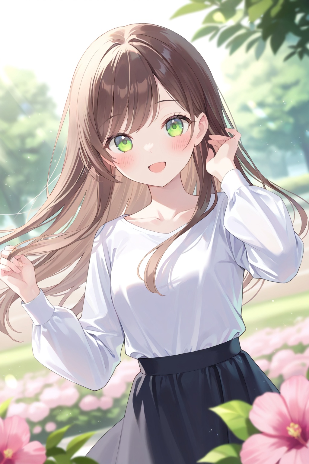 aesthetic illustration,  A young girl stands outdoors,  her green-eyed appearance framed by the interplay of sunlight and...