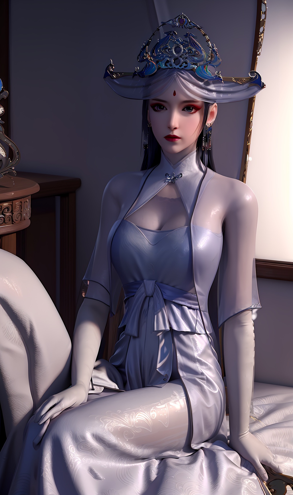 3D,masterpiece,(best quality),(makeup),official art, extremely detailed cg 8k wallpaper,((crystalstexture skin)), (extremely delicate and beautiful),(highly detailed),(face),((tiara)),(collar),hat,(1girl), (solo), (jewelry), (earrings),(black_hair),(long_hair),(hair_ornament),(handwear),(breast),(gloves),((sitting)),((upper_body)),(long_dress),(long_skirt),(chinese_clothes),(multicolored_clothes),(multicolored_dress),(closed_mouth),,((looking_at_viewer)),((Facing the camera)),(room,bed), <lora:hipoly3DModelLora_v10:0.3>