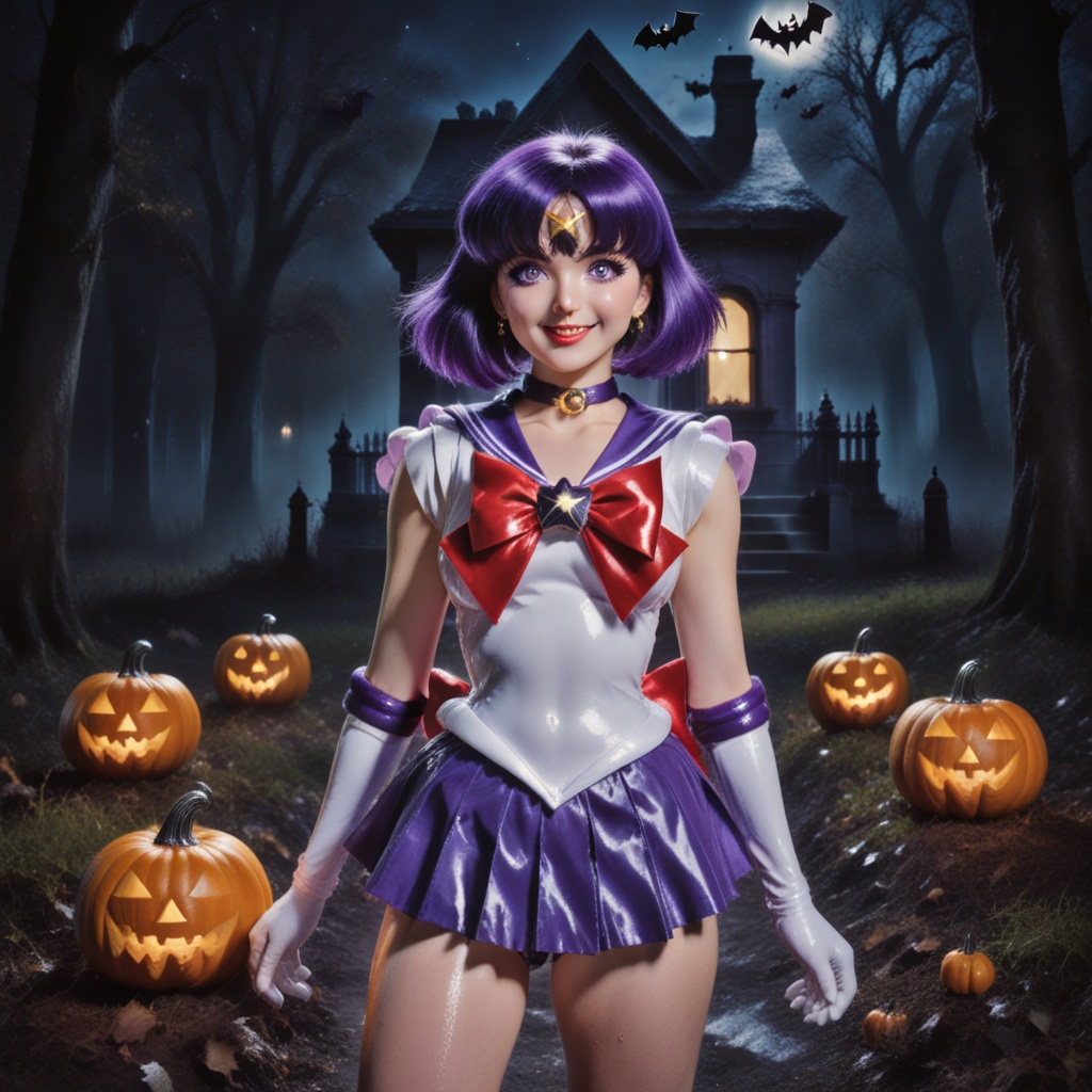 shiny wet-look latex outfit,  a stunning shot of a sailor saturn walking with shiny purple hair and bangs. purple eyes,  b...