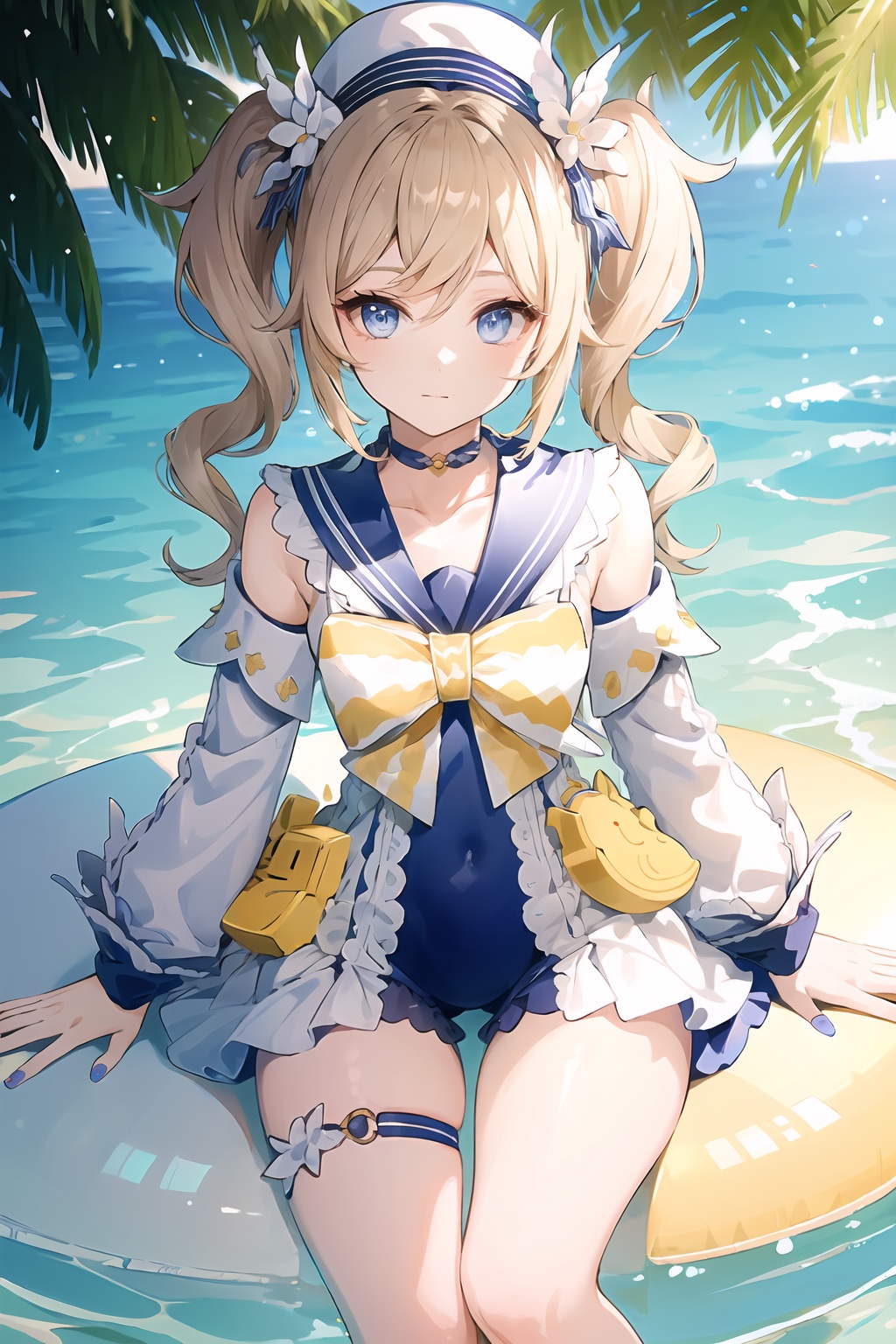 (masterpiece, best quality:1.2),insanely detailed,absurdres,ultra-highres,ultra-detailed,best quality,slender,kawaii,perfect symmetrical face,ultra cute girl,ultra cute face,ultra detailed eyes,ultra cute,ultra beautifu,<lora:barbara-000001:1>,barbara \(summertime sparkle\) \(genshin impact\),barbara \(genshin impact\),1girl,solo,blue eyes,swimsuit,hat,twintails,detached sleeves,official alternate costume,sandals,long sleeves,animal bag,blue choker,blonde hair,bow,blue nails,bare legs,leg garter,one-piece swimsuit,sailor collar,outdoors,sitting,from above,