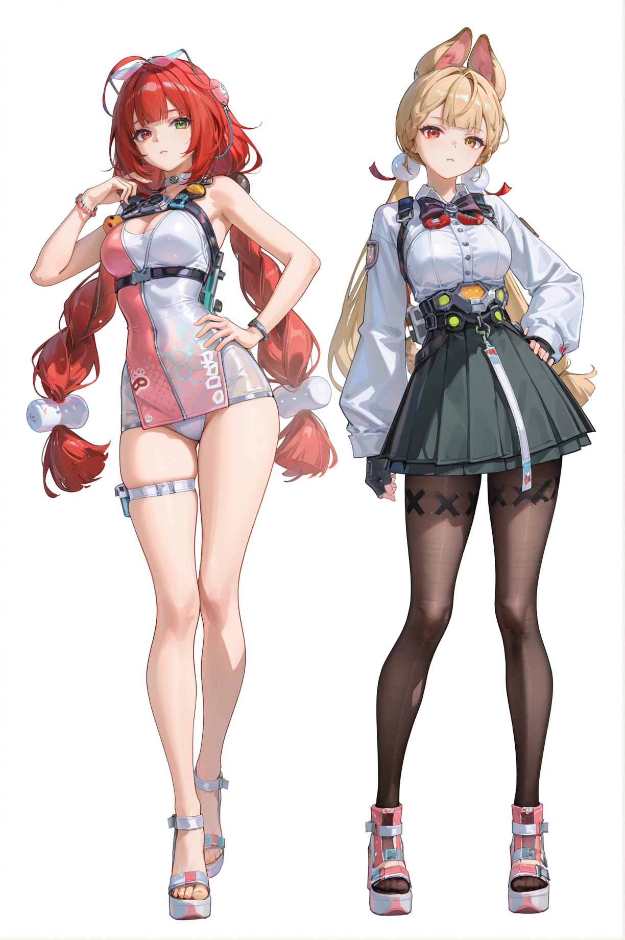 8k,best quality,masterpiece,(ultra-detailed),(high detailed skin),((artist:reoen),(artist:fuzichoco),(artist:atdan),(artist:torino_aqua),year 2024:0.8)1girl,[artist:wlop],[artist:ningen_mame],artist:ciloranko,[[artist:rhasta]],artist:tidsean,colorful,jijia,2d,ambient light,full body,full shot,standing,looking at viewer,simple background,(white background:1.2),hand on own hip,(white background:1.1),<lora:fuaizzz-ill-Tanger:0.8>,2girls,Alice Thymefield \(Zenless Zone Zero\),clothes: Alicedef clothes,heterochromiam,red eye,yellow eye,Alicedef white shirt,1girl,solo,pantyhose,long hair,Alice animal ears,blonde hair,heterochromia,Alicedef black skirt,twintails,breasts,gloves,black pantyhose,bow,Ukinami Yuzuha \(Zenless Zone Zero\),clothes: Yuzuhasw swimsuit,Yuzuhasw pink mini dress,1girl,bare legs,long hair,twin braids,braid,green eyes,breasts,red hair,jewelry,bracelet,bangs,Yuzuhasw thigh strap,eyewear on head,