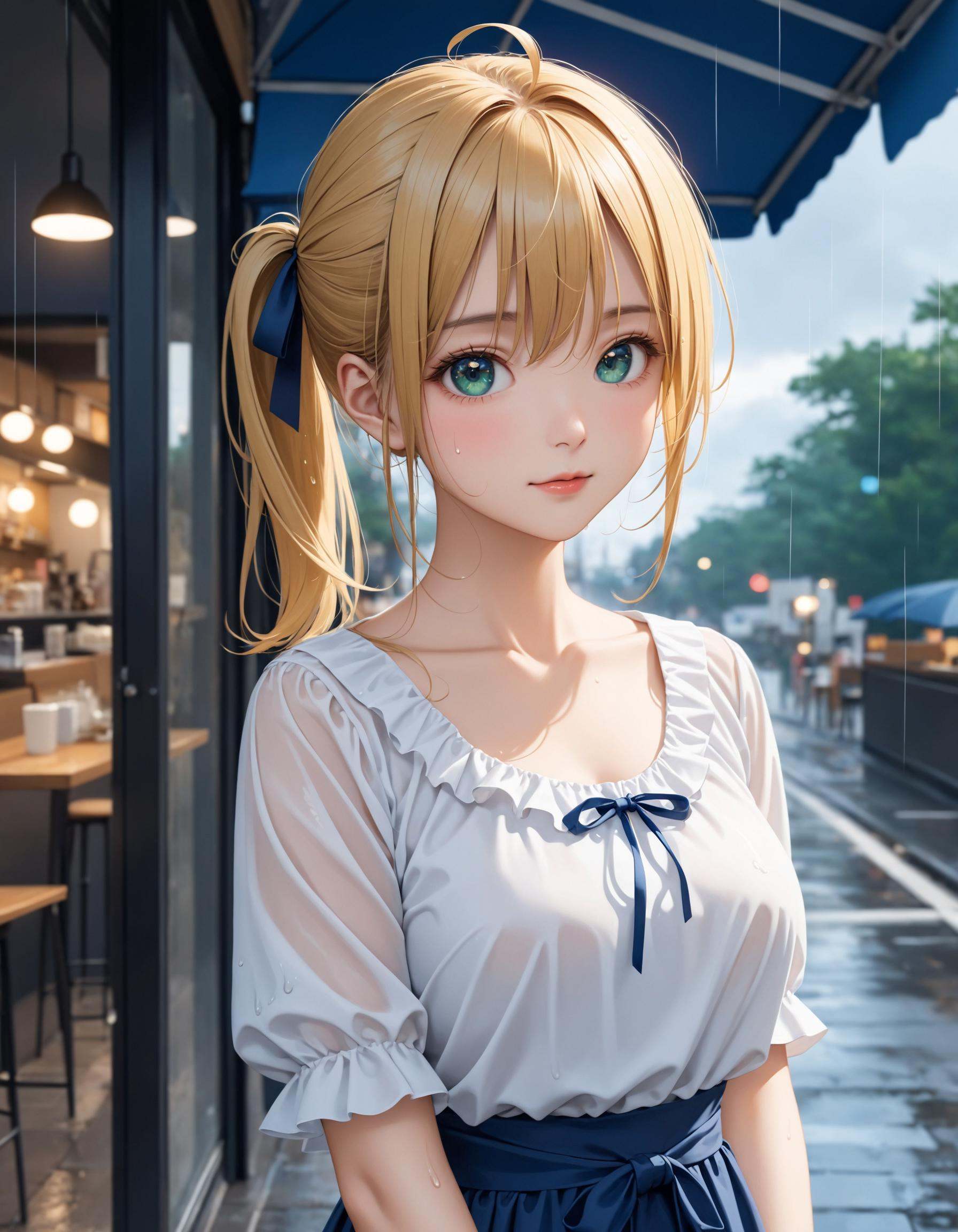 SceneOverview: A girl taking shelter from the rain. SceneDescription: - Composition: Upper body shot. Cinematic angle. - S...