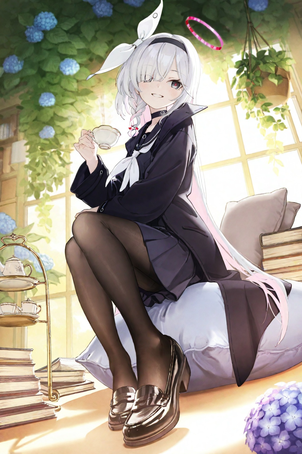 highres,absurdres,very awa,masterpiece,best quality,newest,year 2024,\n,<lora:BetterLine-Style:0.8>,\n,(plana \(blue archive\):1.3),blue archive,1girl,black eyes,grey eyes,hair over one eye,red pupils,white hair,pink hair,colored inner hair,very long hair,long hair,grey hair,two-tone hair,black hairband,single braid,hair ribbon,small breasts,black serafuku,black coat,black pantyhose,see-through pantyhose,shiny pantyhose,fine fabric emphasis,black shoes,\\//,(close up:1.6),(movie perspective:1.6),(dynamic pose:1.6),movie poster,from side,looking at another,1girl,solo,knitted sweater,messy bun,relaxed posture,\,curled up on cushion,holding teacup,smiling softly,cat napping on lap,\,sunlit conservatory,hanging ivy plants,vintage tea set,scattered books,blooming hydrangeas,\,golden hour glow,soft backlighting,steam from teacup,dust motes in sunlight,gentle highlights,\,intricate foliage details,shallow depth of field,filmic warmth,watercolor texture blend,