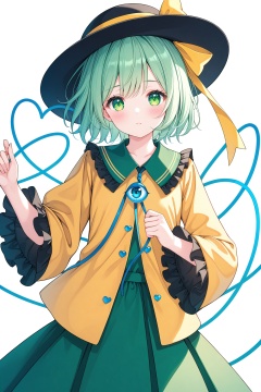 masterpiece,best quality,illustration,ultra detailed,hdr,Depth of field,(colorful),Artist yamanakaume,1girl,solo,komeiji koishi,hat,green eyes,skirt,third eye,shirt,yellow shirt,green skirt,white background,long sleeves,black headwear,frills,wide sleeves,looking at viewer,short hair,simple background,ribbon,hat ribbon,yellow ribbon,frilled sleeves,green hair,closed mouth,blush,frilled shirt collar,heart of string,hat bow,heart,bow,