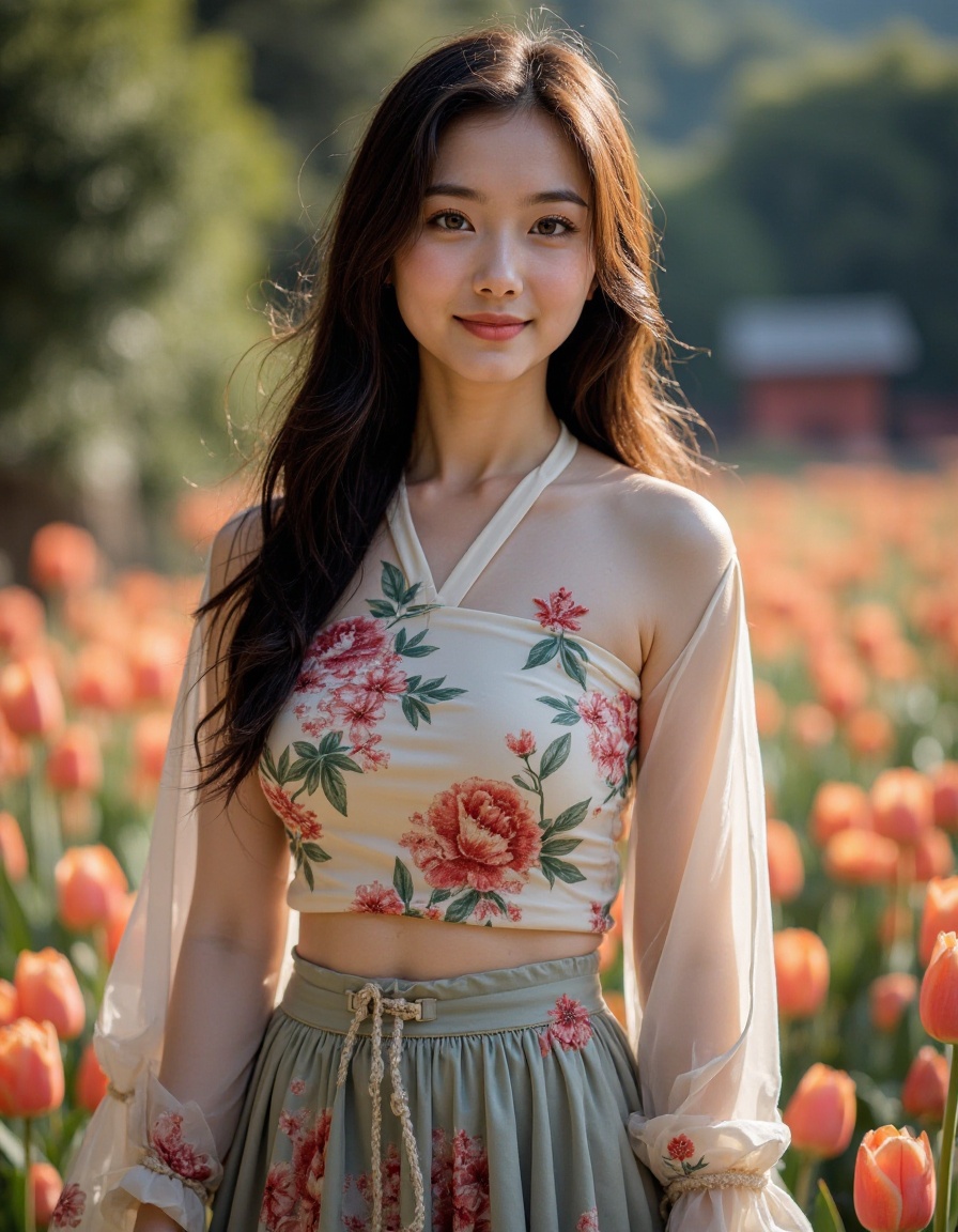 HDR photo, High dynamic range, realistic, A woman with long hair and brown eyes, wearing a chinese skirt, full body, outdoors, flowers,