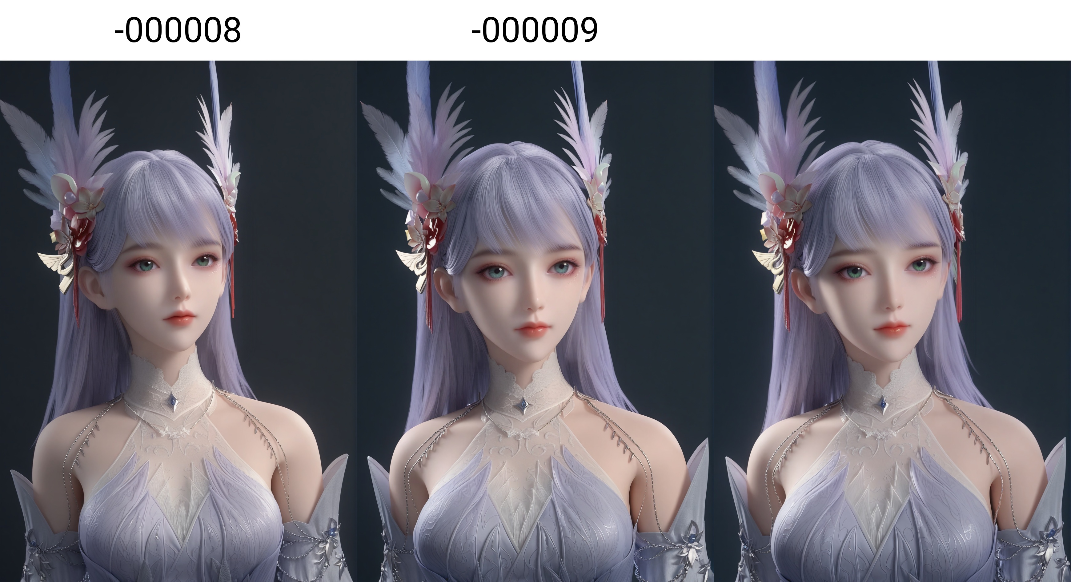 (score_9),<lora:林玥-apony-000008:0.83>,lingziyue,long hair,feather hair ornament,hair ornament,hair flower,bangs,detached collar,jewelry,dress,detached sleeves,bare shoulders,green eyes,light blush,(looking at viewer),(front view),(cowboy shot),1girl,solo,<lora:Expressive_H-000001:0.8>,collarbone,(glamor:1.2),(white_skin),(fair_skin:1.1),<lora:e肤色滑块:0.35>,ultra-detailed skin texture,detailed textures,BREAKsimple background,(black background),