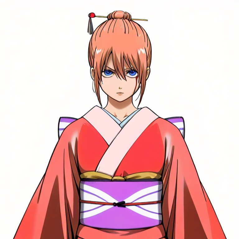 masterpiece, best quality,solo,(white background:1.2),simple background,1girl,looking at viewer,     high heel boots, braid, hair ornament, wide sleeves, hair stick, red hair, long sleeves, kagura \(gintama\), collarbone, boots, hair between eyes, bangs, striped legwear, hair bun, blue eyes, striped, thighhighs, short kimono, sash, red kimono, kimono,kagula, japanese clothes<lora:神乐-吉原炎上ill:0.8>