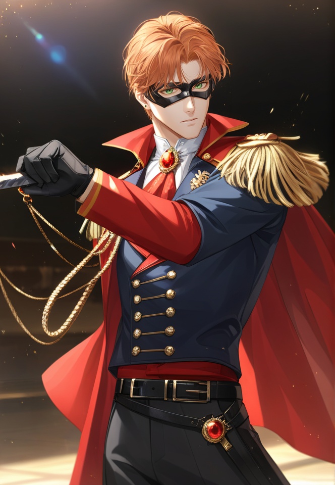 (best quality), ((masterpiece)), (highres), illustration, original, extremely detailed,   <lora:光与夜之恋同人人物篇:0.7>xmx, 1boy, male focus, weapon, mask, sword, solo, holding, gloves, black gloves, holding weapon, holding sword, cape, orange hair, medal, black pants, belt, pants, ascot, short hair, sheath, gem, green eyes, long sleeves, looking at viewer, brooch, jewelry, red gemstone