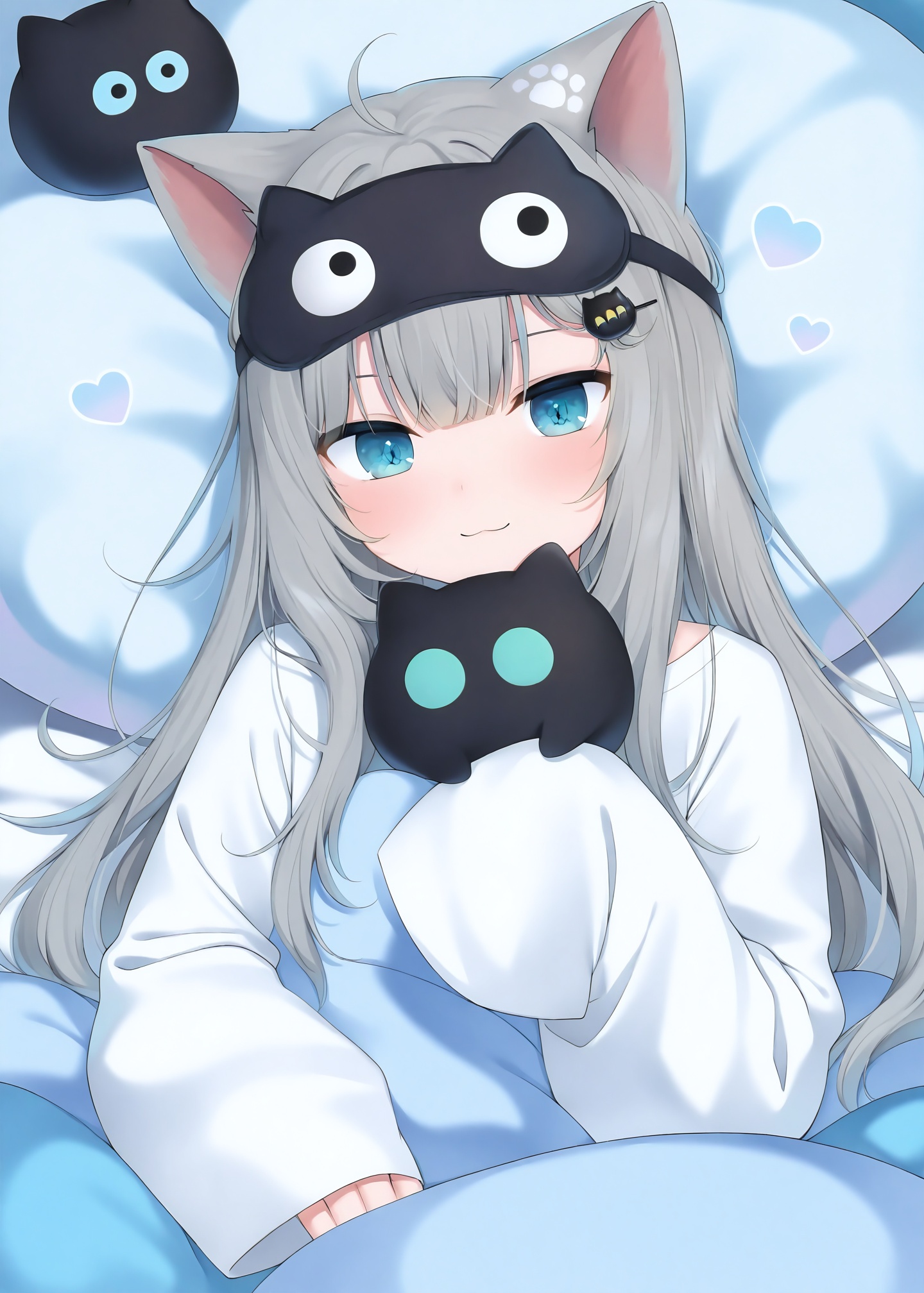 masterpiece,absurdres,best quality,petite,high quality,//,1girl,virtual_youtuber,animal_ears,cat_ears,grey_hair,blue_eyes,sleep_mask,solo,long_hair,looking_at_viewer,hair_ornament,smile,cat_girl,sleeves_past_wrists,pillow,shirt,hairclip,heart,mask,long_sleeves,white_shirt,eyebrows_hidden_by_hair,upper_body,ahoge,lying,cat_hair_ornament,:3,closed_mouth,//,<lora:amashiro_natsuki ——【CKXL】hans:0.8>,