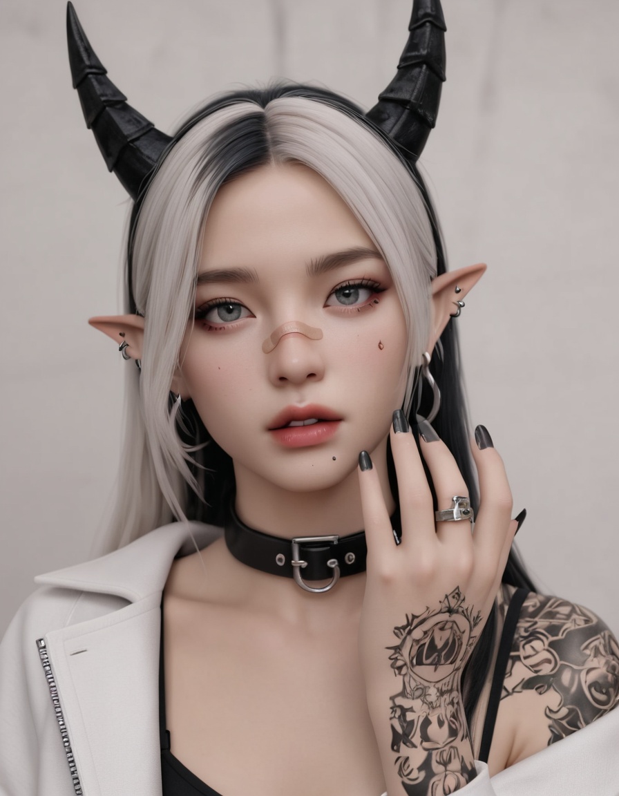 1girl,(detailed eyes),(pretty face),(detailed face),photo-realistic,realistic skin,realistic textures,detailed skin,photorealistic,ultrarealistic,8k,A digital illustration shoot from a portrait camera angle about a stylized portrait of a woman with a unique and edgy aesthetic,featuring intricate tattoos and japanese characters on her face and body. the image also shows a woman in the middle of the image,who appears to be a  *****,with a serious expression,looking directly at the viewer. she has long,straight,platinum blonde hair with black horns on her head and is wearing a black and white outfit with red accents. her hair is styled in a way that frames her face,and her eyes are a striking red color. her body is covered in intricate tattoos,including a bandaid on her nose,a barcode,and a pair of earrings. she is also adorned with multiple bracelets and a choker,adding to her edgy and rebellious look. the background is a plain white,with jpeg artifacts scattered throughout,and the overall style is reminiscent of anime or manga art,with bold red and black accents and intricate designs. 1girl,horns,solo,bandaid,bandaid on face,piercing,jewelry,bandaid on nose,tattoo,ear piercing,multicolored hair,black nails,earrings,looking at viewer,pointy ears,fingernails,black hair,rating:general,long hair,ring,grey eyes,parted lips,two-tone hair,multiple rings,lip piercing,portrait,arm tattoo,collar,white hair,long fingernails,hand tattoo,hair ornament,barcode,jacket,makeup,