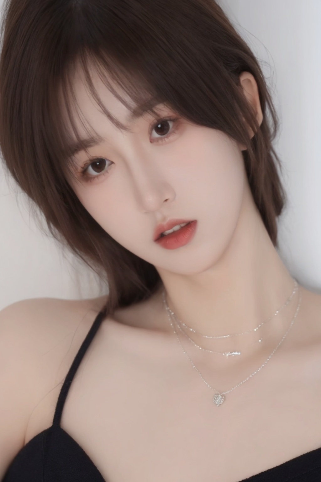 1girl,solo,lying,brown hair,necklace,realistic,looking at viewer,on back,black eyes,jewelry,lips,hand on own chest,black hair,parted lips,blurryt,<lora:sifang_20231118123505:0.8>, 