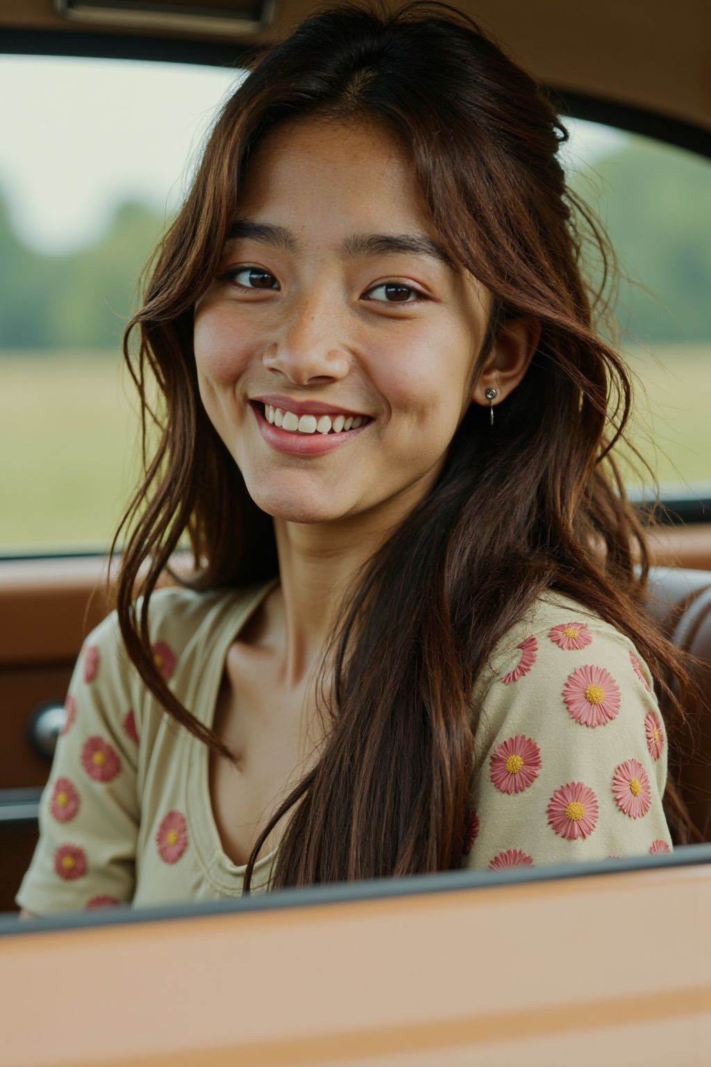 HDR photo of cinematic film still 1girl, solo, long hair, looking at viewer, smile, brown hair, dress, flower, outdoors, teeth, grin, ground vehicle, motor vehicle, realistic, car, Fuji camera filter, Film photography, Color Flim, Fujifilm Fujicolor 400H, fine grain, flim photo, . shallow depth of field, vignette, highly detailed, high budget, bokeh, cinemascope, moody, epic, gorgeous, film grain, grainy . High dynamic range, vivid, rich details, clear shadows and highlights, realistic, intense, enhanced contrast, highly detailed
