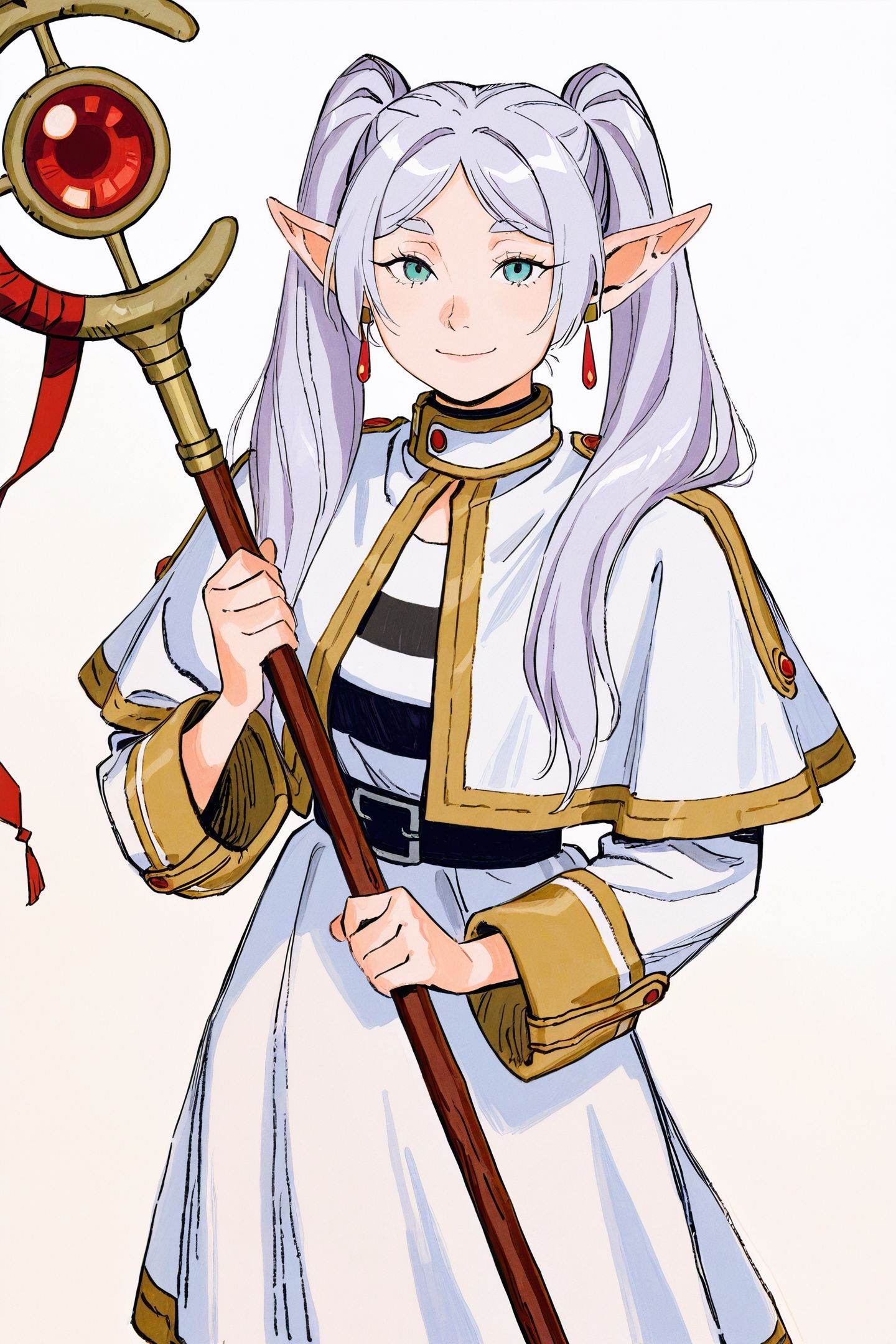 ami thompson Style,1girl,frieren,solo,pointy ears,elf,twintails,jewelry,earrings,capelet,white background,long hair,looking at viewer,staff,simple background,smile,parted bangs,long sleeves,holding staff,holding,closed mouth,dangle earrings,skirt,shirt,traditional media,<lora:ami thompson_illustriousXL:1>,