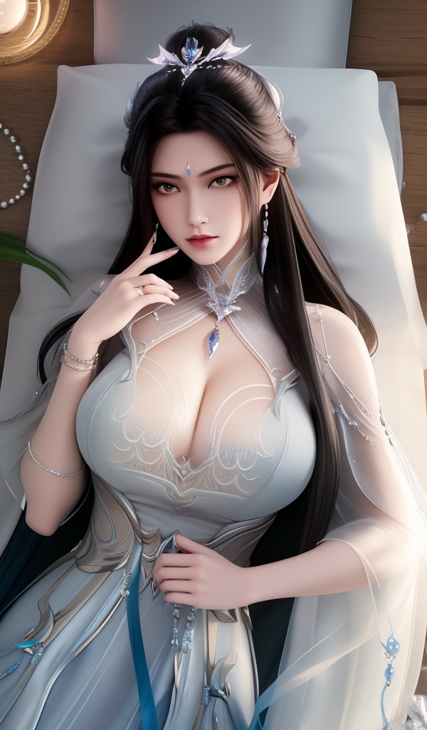 <lora:611-DA-诛仙-陆雪琪-V3:0.8>(,1girl, ,best quality, ),looking at viewer,masterpiece, ((((1girl, solo , lying, )))) (cleavage), (), ,ultra realistic 8k cg,   clean, masterpiece,      (( , )),,  , unreal, science fiction, luxury, jewelry, diamond, gold, pearl, gem, sapphire, ruby, emerald, intricate detail, delicate pattern, charming, alluring, seductive, erotic, enchanting, hair ornament, necklace, earrings, bracelet, armlet,halo,(cleavage),, (),