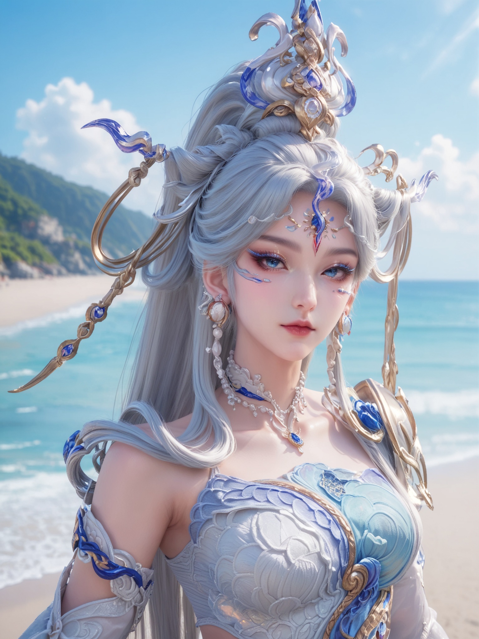 realistic style photo outstanding style,tall,cute,in her teens. Use soft lighting to cast gentle shadows on the subject,adding a touch of dimension to your images without compromising details,score_9,score_8_up,score_7_up,Seaside,beach,waves,<lora:王者荣耀-蛇年限定女娲Pony:0.7>,silver-white hair is intricately styled into an elaborate,flowing updo,large,expressive blue eyes,adorned with intricate,delicate makeup in the form of white and silver lines that curve elegantly around her eyes and cheeks. wears a white gown with intricate,ethereal patterns,includes a golden,ornate crown with a large,blue jewel at its center,and her arms are adorned with intricate,flowing sleeves.,