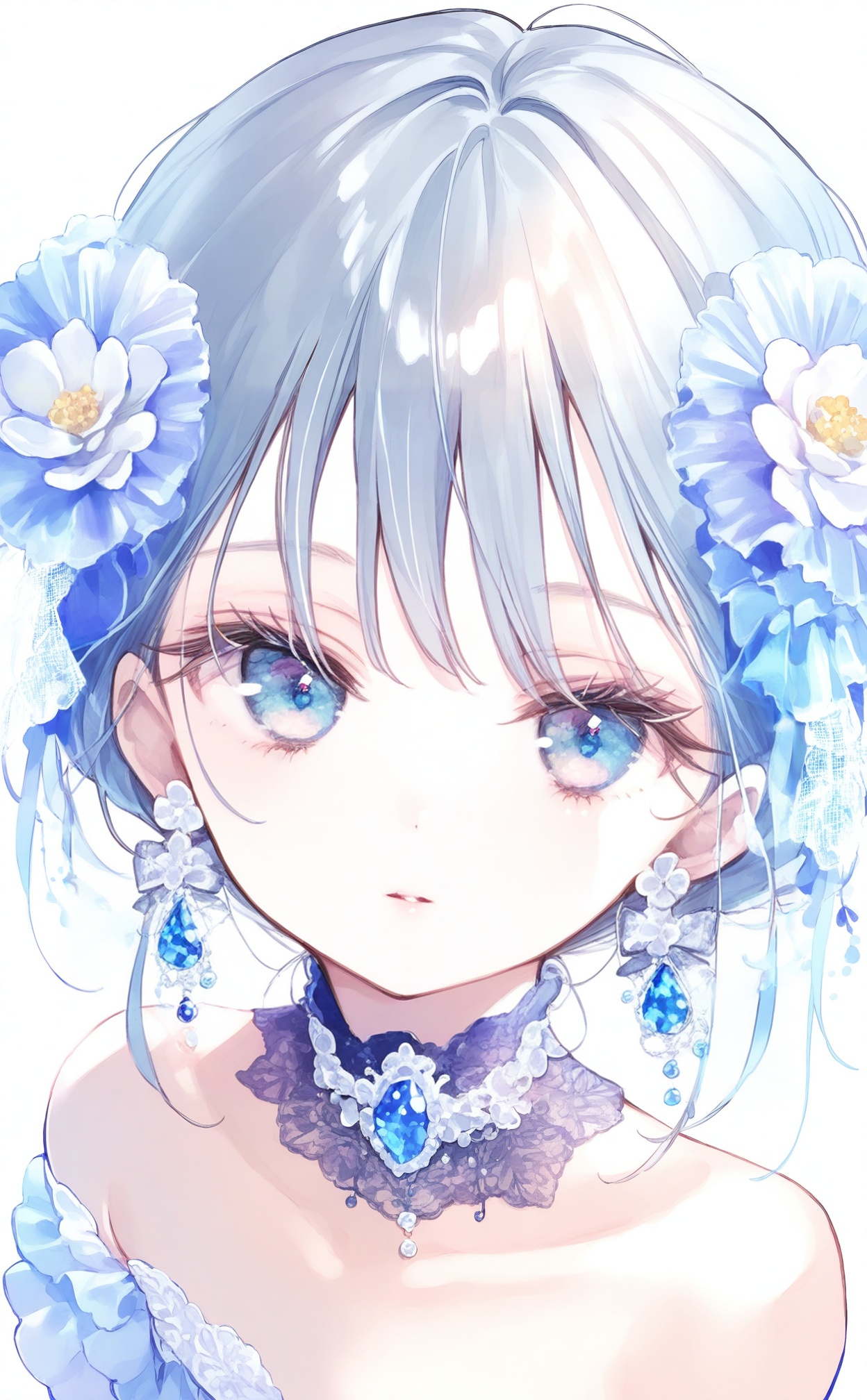 masterpiece,absurdres,best quality,loli,petite,high quality,//,1girl,solo,flower,jewelry,earrings,hair_ornament,blue_eyes,hair_flower,looking_at_viewer,choker,blue_hair,single_bare_shoulder,white_background,collarbone,gem,dress,parted_lips,upper_body,flower_earrings,blue_gemstone,simple_background,light_blue_hair,white_flower,necklace,blue_theme,blue_flower,drop_earrings,closed_mouth,ribbon,bare_shoulders,white_choker,lace_choker,breasts,expressionless,portrait,short_hair,off_shoulder,grey_hair,blue_choker,pearl_earrings,//,<lora:chun_paretto2——【noob】hans:1>,