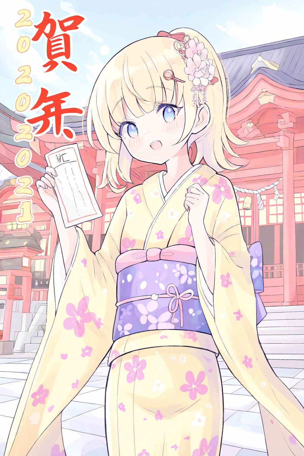 1girl,hair ornament,blue eyes,virtual youtuber,japanese clothes,kimono,blonde hair,watson amelia,solo,flower,looking at viewer,outdoors,smile,floral print,bob cut,open mouth,sash,omikuji,print kimono,obi,holding,hair flower,east asian architecture,shrine,architecture,blush,yellow kimono,holding paper,wide sleeves,day,long sleeves,medium hair,:d,new year,<lora:fruitsrabbit-000030:0.8>,