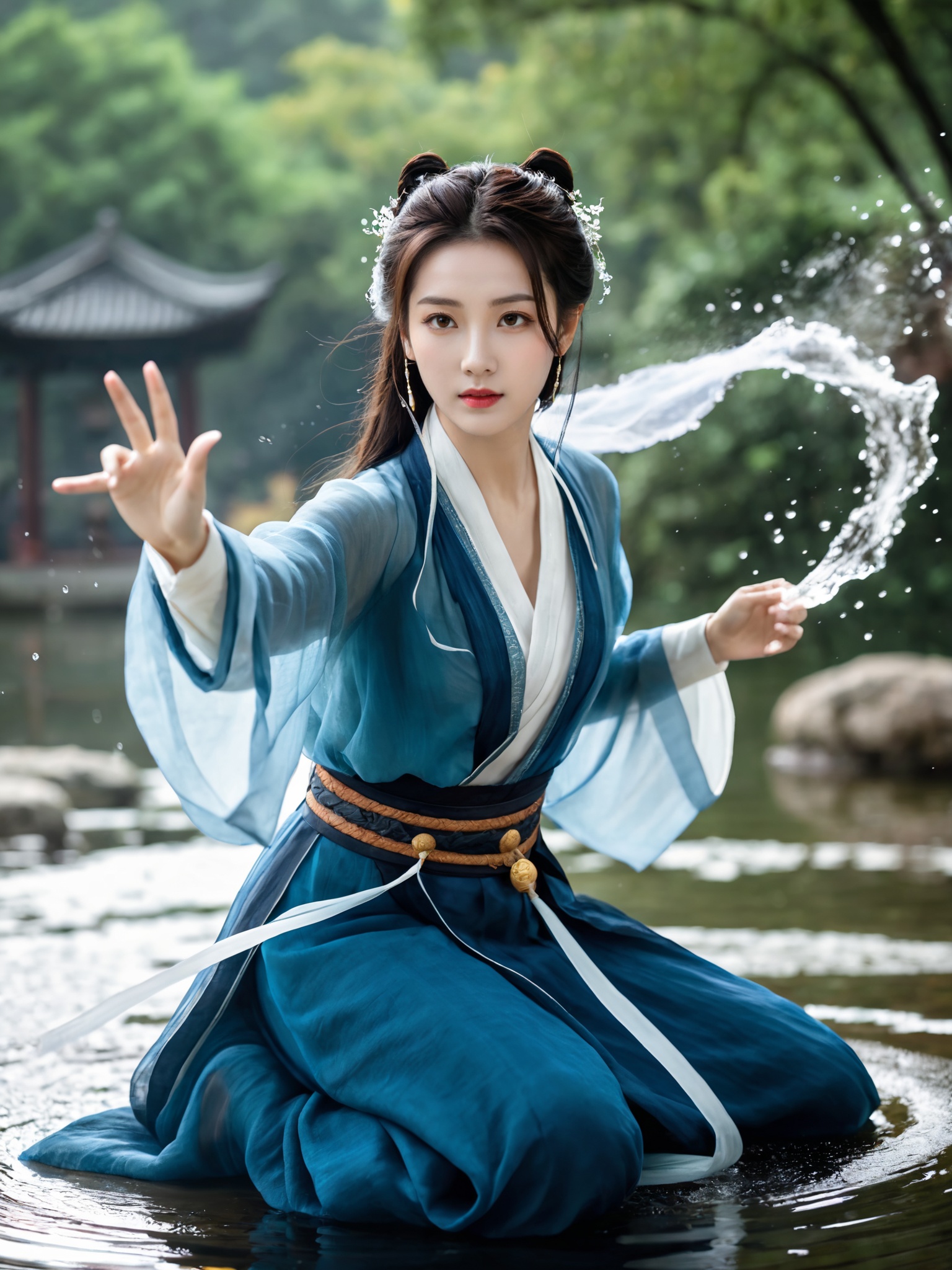 Ultra wide angle shooting,a girl dressed in an ancient mage costume,Hanfu,handsome,with gestures forming spells,martial arts and fairy tale atmosphere,carrying a sky filled with water vapor,game characters,water waves,without looking at the camera,writing calligraphy,surrounded by long and transparent scrolls,floating transparent Hanzi,dynamic action style,rotation,magical realism,dynamic action style,the highest quality,masterpiece,CG,HDR,high-definition,extremely fine,detailed face Superheroes,heroes,detail ultra high definition,OC rendering,Taoist runes,