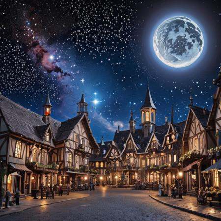 intricate detail, fantasy, village, night, stars, moon, nebula, andromeda, (masterpiece, best quality, extremely detailed)