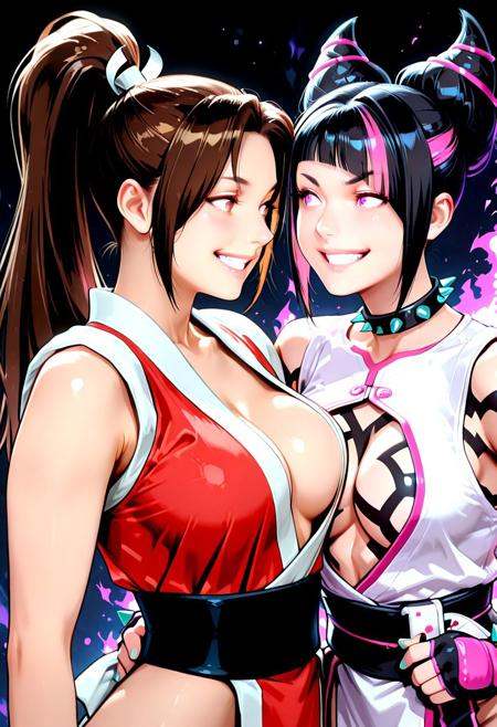 masterpiece,best quality, amazing quality,(nice eyes),groupimg, couple, 2girls, maishau, maistandaroutfit, maihair, jurifighter, juristandoutfit, juri_hairhorns, multiple girls, breasts, smile, ponytail,brown eyes, brown hair,mai gloves, mai japanese clothes , confident expression , evil smile, bare shoulders, BREAK, black hair, purple eyes , juri tattoo, belt,multicolored hair, pink hair, holding fan, streaked hair, spiked collar, Spiked bracelet, looking at another, pruple Aura , red aura , dark background, grin, maishau on right, jurifighter on left, upperbody ,impressionism, high detail, depth of field,