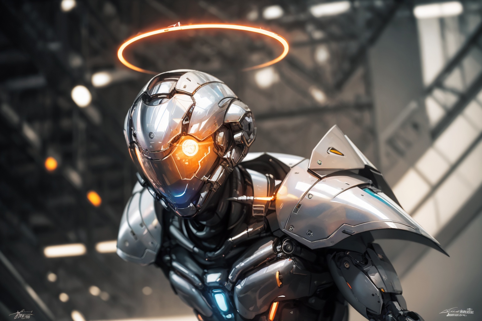 -science fiction, robot, no humans, solo, mecha, glowing, upper body, signature, portrait, straight-on, realistic, halo,<lora:Apocalypse Aso_20240119162949:1>,Apocalypse Aso,