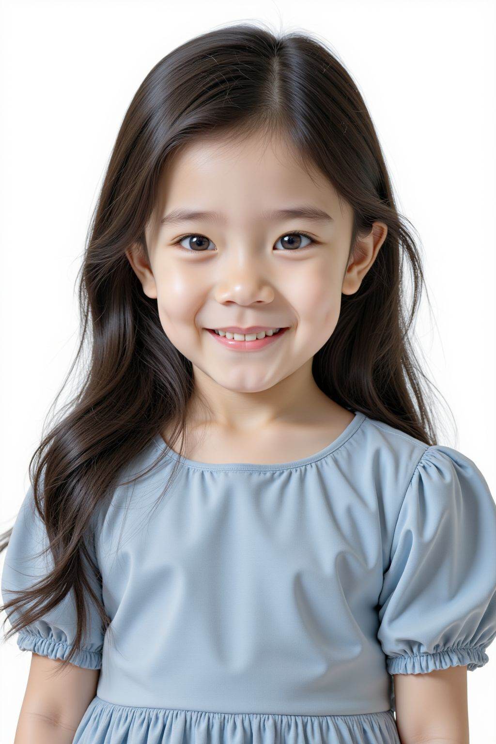 HDR photo of cinematic film still, A 5-year-old female, black long hair, looking at the viewer, smirk, close up. She is wearing a blue boatneck dress, standing in front of a white background.