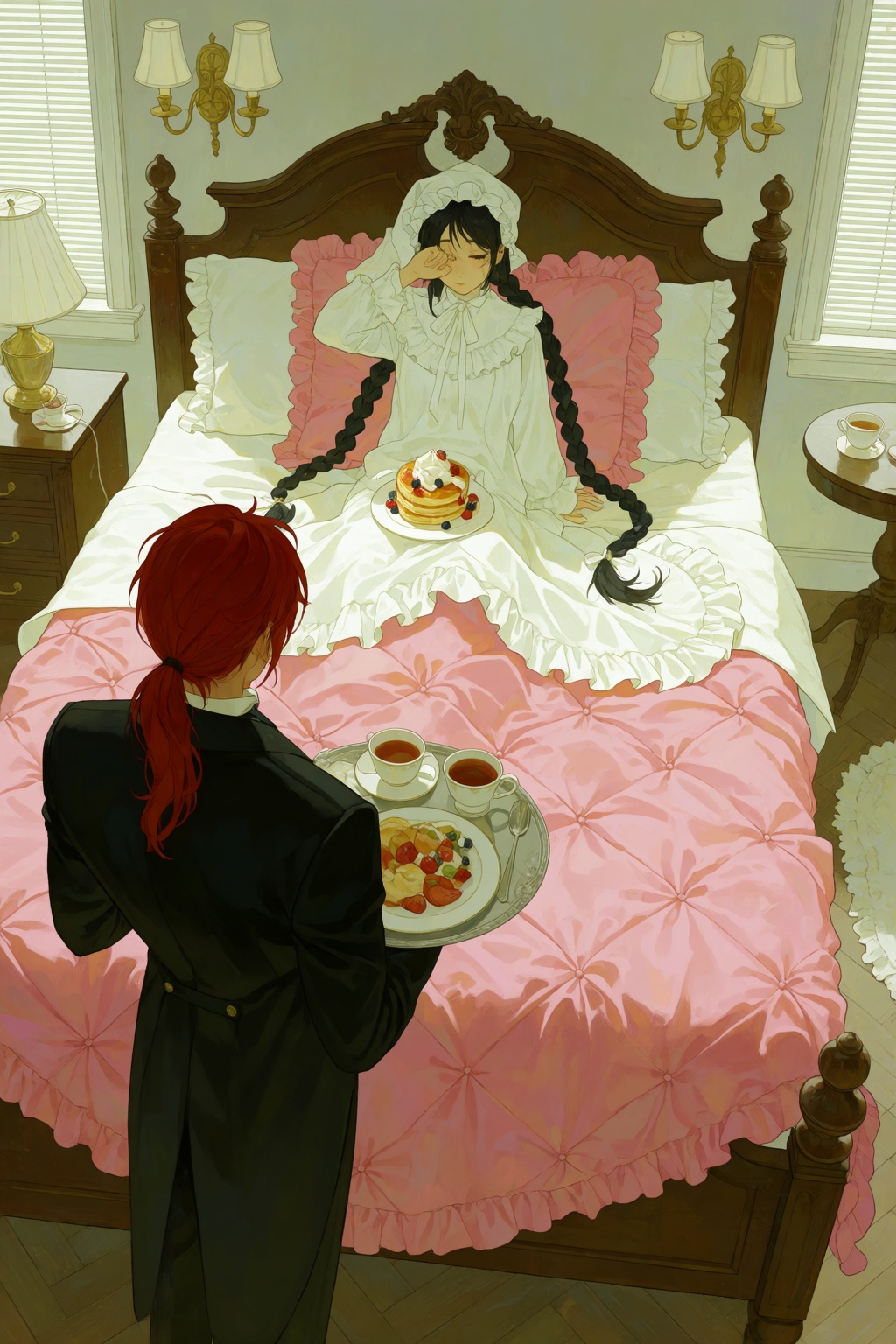 A high-angle shot depicts a sleepy woman with black hair in two braided very long ponytails wearing a ruffle-trimmed white...