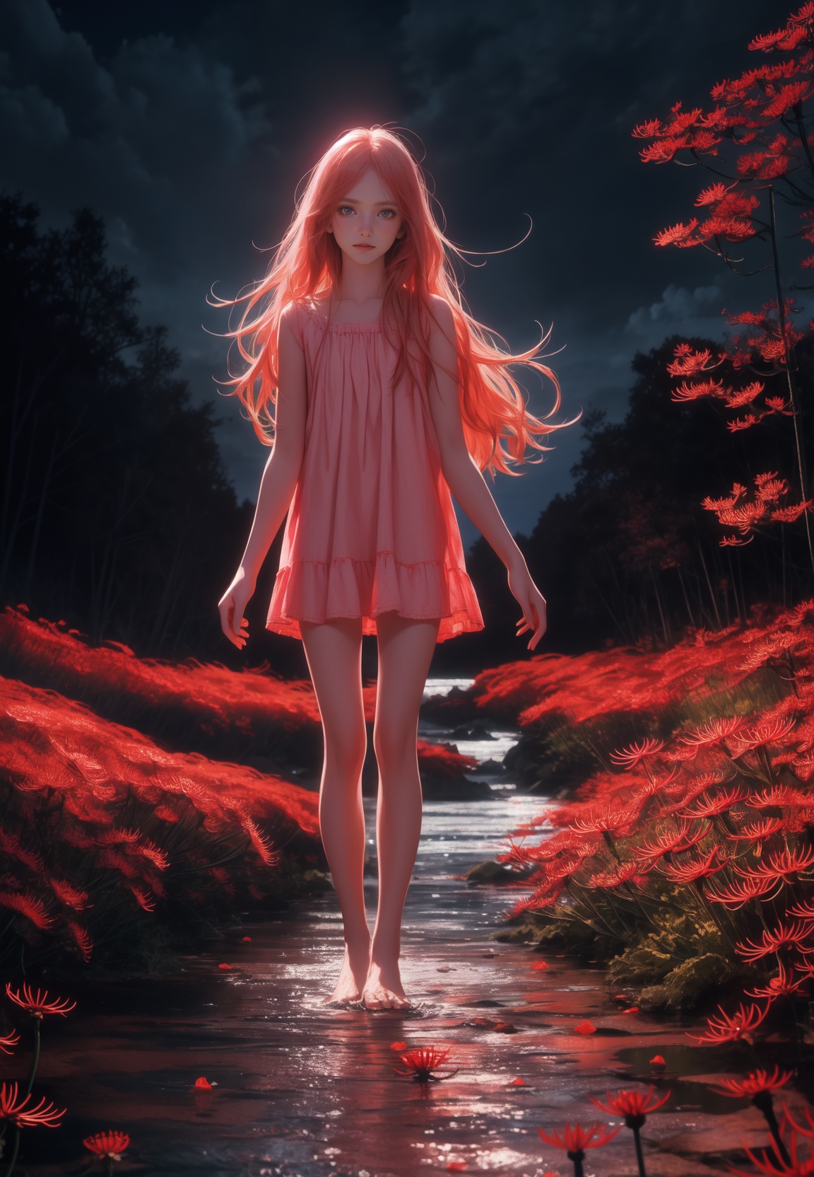 takato style,red theme,(full body shot),(night:1.5),(1girl),walking by the Styx River,nightgown,bare legs,barefoot,scenery,blood,(spider lily) full of ground,mistery pink forest background,blood moon,cloudy sky,Many skeletons are covered by poppy flowers,ray tracing,depth of field,dramatic shadows,masterpiece,top quality,best quality,photorealistic,official art,beautiful and aesthetic,