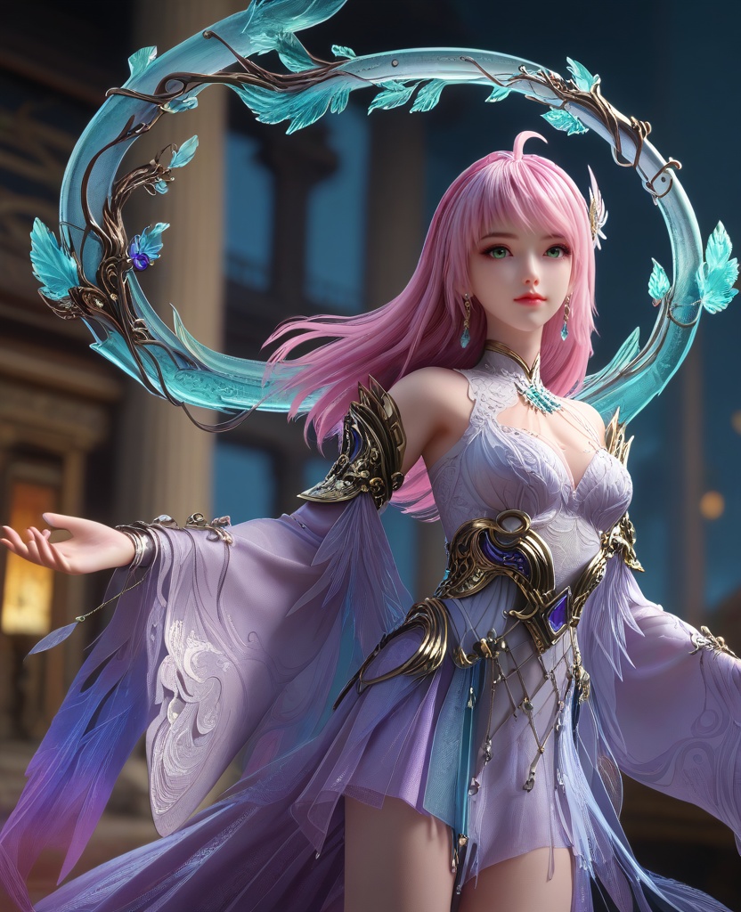 (oriental architecture, elegant decor, sophisticated style:1.1),(dancing,hula dance:1.1),(breasts:1.2),<lora:XL16克金玩家林紫玥转职:0.95>,miss linziyue,lavender tiered high-low dress,green eyes,pink hair,ahoge,long hair,half-up crown braid with long cascading hair,jewelry,earrings,rerebrace,sash,detached sleeves,white single thighhigh with embroidery,crystal halo,, score_9,score_8_up,score_7_up,score_6_up,score_5_up,score_4_up,3d rendering,tag1,tag2, Cinematic Lighting,backlighting,, zPDXL3, zPDXL2,zPDXL, zPDXLxxx, zPDXLrl,