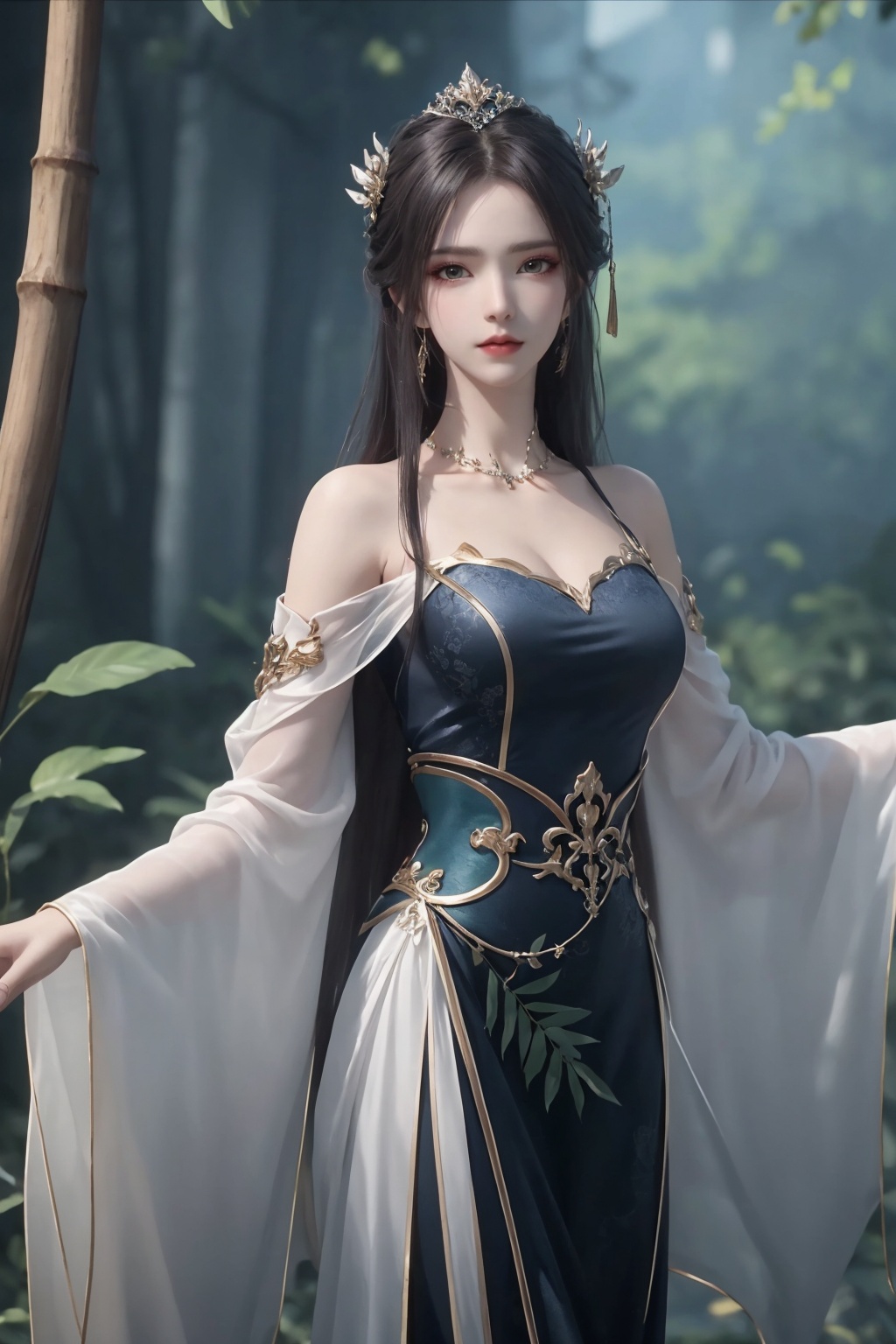1girl, bamboo, bare shoulders, bare tree, blurry, blurry background, blurry foreground, branch, breasts, chinese clothes, depth of field, dress, earrings, forest, green eyes, jewelry, leaf, long hair, long sleeves, looking at viewer, makeup, nature, palm tree, parted lips, plant, solo, standing, tree, wide sleeves <lora:天穹1.0:0.8>