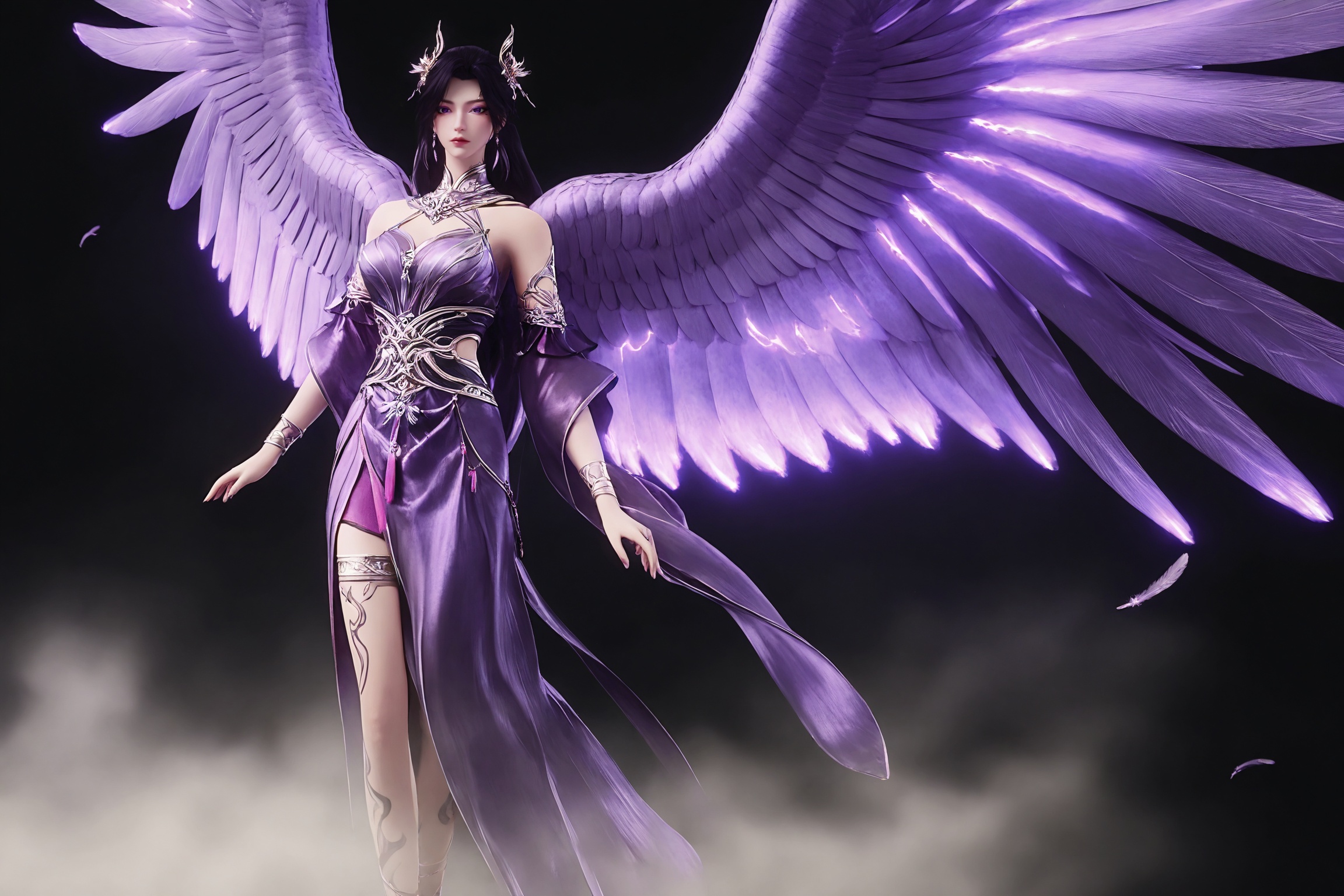 black background,standing,looking at viewer,wings,purple wings,angel wings,large wings,phoenix,smoke,fog, flying, falling feathers, 1girl,yqc\(csj\),long hair,hair ornament,black hair,purple eyes,earrings,bare shoulders,clothing cutout,sash,bracelet,jewelry,purple dress,leg tattoo,thighlet,breasts,detached sleeves,purple footwear,
