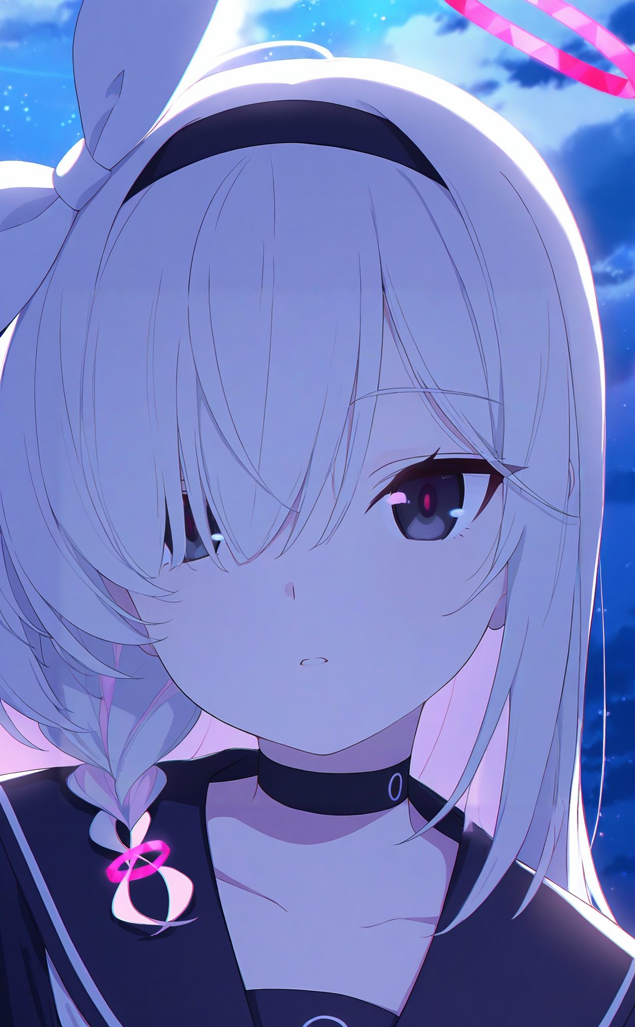 masterpiece,highres,absurdres,newest,best quality,high quality,loli,petite,chromatic_aberration,//,1girl,plana (blue archive),solo,sky,hairband,hair over one eye,choker,black hairband,black eyes,long hair,colored inner hair,black choker,sailor collar,multicolored hair,braid,black sailor collar,star (sky),pink hair,serafuku,school uniform,red pupils,single braid,cloud,white hair,starry sky,night sky,looking at viewer,white ribbon,night,parted lips,portrait,cloudy sky,outdoors,side braid,white bow,ribbon,two-tone hair,black serafuku,grey hair,collarbone,hair ribbon,//,<lora:ba33——【noob】hans:1>,