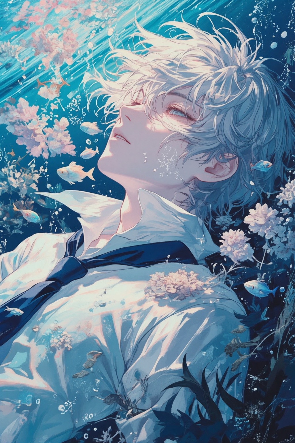 ZOZ_WEIMEIW,a digital illustration shoot from below about a serene underwater scene featuring a young woman with long,flowing white hair floating in the water,surrounded by various aquatic creatures and flowers,the image also shows bubbles and seagrass,creating a dreamy atmosphere,on the middle of the image,a woman appears to be floating,with her eyes closed and a peaceful expression on her face,she is wearing a white shirt that is partially submerged in water,with a few small fish swimming around her,the woman has light blue hair and is surrounded by a variety of aquatic plants and flowers,including pink flowers and small fish,the background is a deep blue ocean with bubbles and sunlight filtering through,creating an ethereal and dreamlike quality,