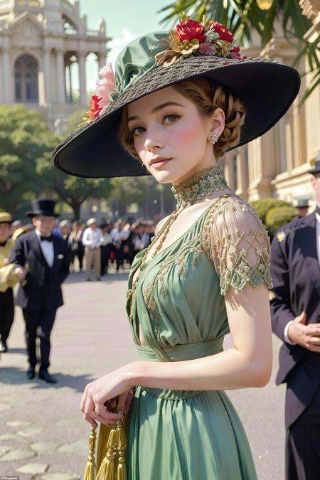 vintage color photograph of a beautiful woman wearing a dress and a hat at the Panama–Pacific International Exposition in...