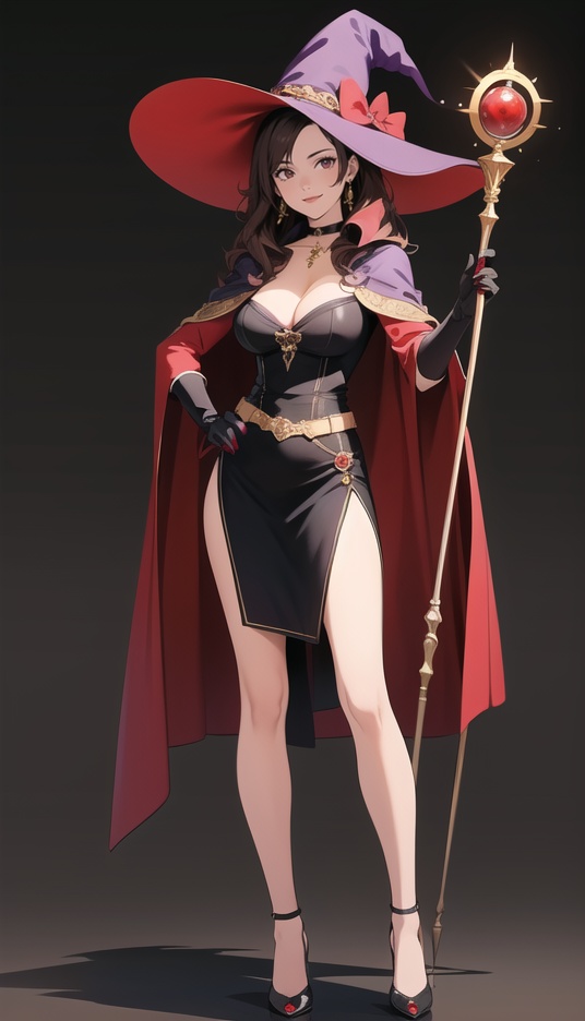 (best quality), ((masterpiece)), (highres), illustration, original, extremely detailed,1girl, solo, hat, breasts, witch hat, staff, long hair, cleavage, brown hair, full body, hand on hip, looking at viewer, red nails, gloves, black background, simple background, large breasts, witch, smile, standing, choker, cape, signature, jewelry