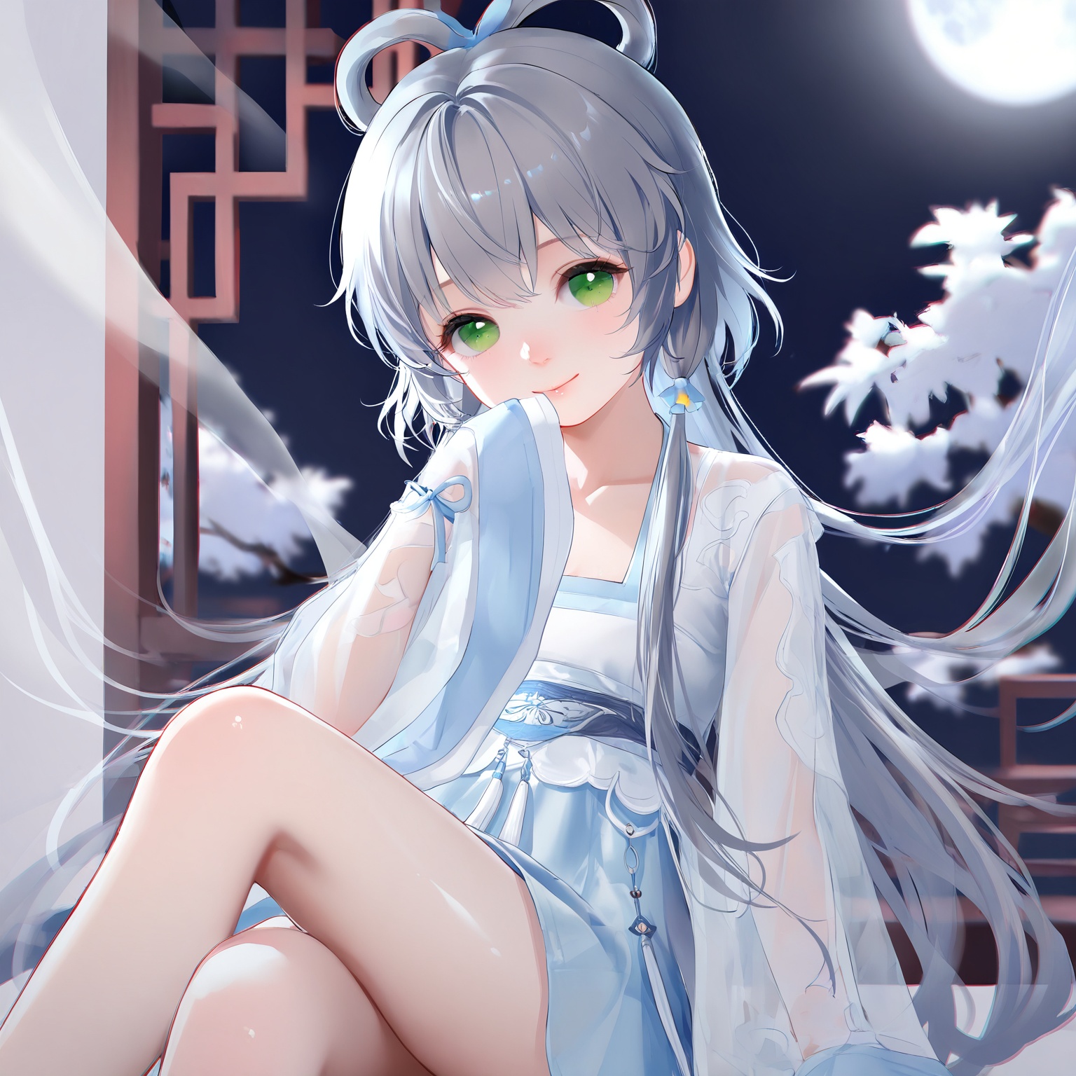 masterpiece,very aware,highres,absurdres,newest,best quality,loli,petite,high quality,chromatic_aberration,cinematic_angle,dutch angle,//,loli,1girl,luo_tianyi,solo,close-up,light_smile,chinese clothes,Light blue,hanfu,see-through white shawl,collarbone,sleeves past fingers,wide sleeves,tassel,wrist ribbon,qinghua,porcelain,covering mouth,hand up,arm at side,head tilt,tree branch,{full moon,moonlight},lattice,smile,looking at viewer,white Theme,sitting in window,leaning back,blurry background,rays,bloom,//,official art,depth of field,detailed light,blurry background,best shadow,shiny skin,cinematic lighting,ray tracing,amazing quality,very aesthetic,absurdres,beast quality,ultra detailed,newest,8K,HDR,//,<lora:touxiang——【noob】hans:0.8>,
