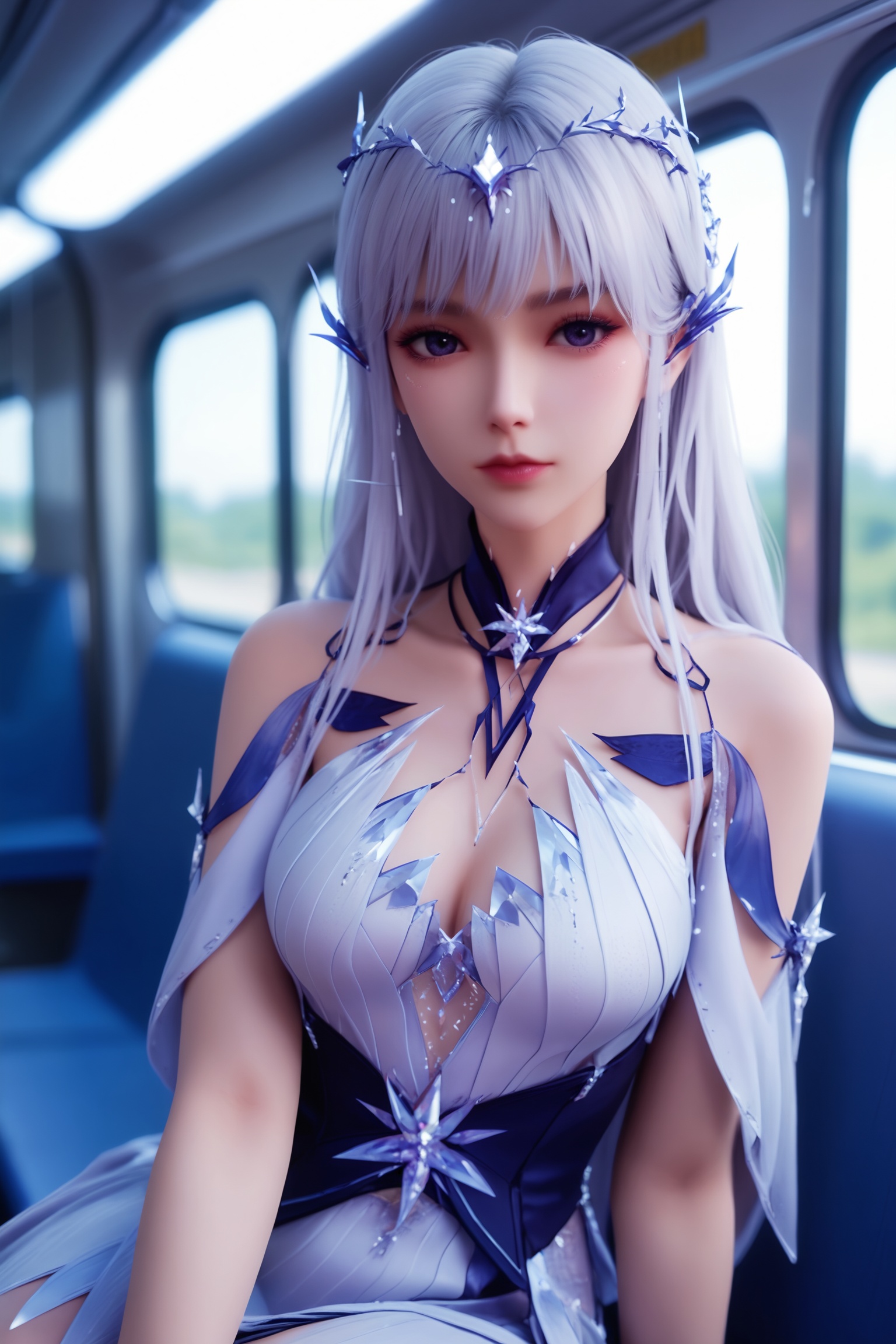 solo,1girl,fsolo focus,(perfect_anatomy:1.1),(upper_body:1.2),(portrait:1.1),sitting,(train_interior:1.1),(blurry_background:1.2),score_9,<lora:圣采儿-神降套装v5:0.65>,long silver hair adorned with intricate,crystal-like designs. Her attire is intricately designed,with a form-fitting white bodysuit,dress,