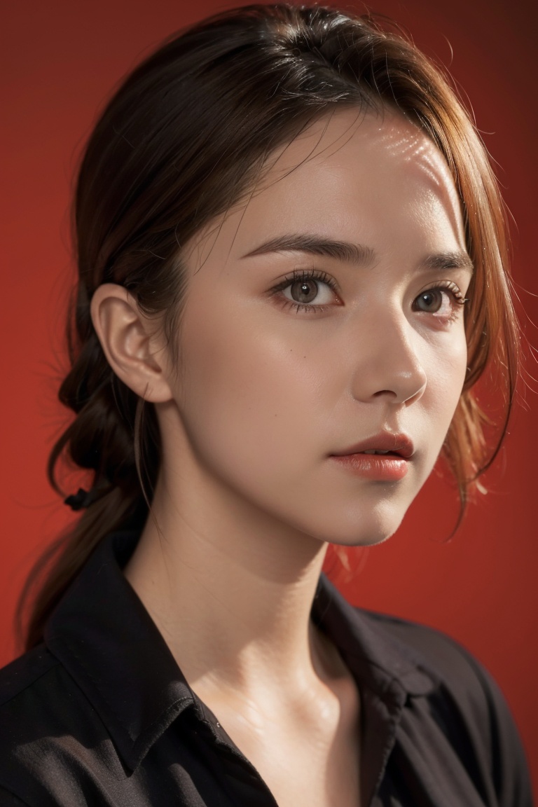 close up portrait of a woman of (german:1.5) descent,looking at camera,slight stubble,clean skin,brown eyes,wearing dark shirt,soft lighting,red background,shallow depth of field,high-resolution image,studio shot,headshot,photographic realism,, masterpiece,best quality,