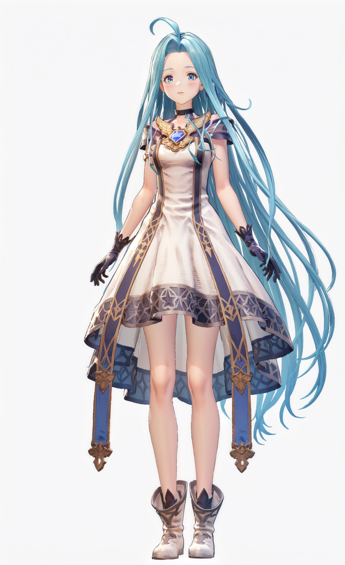8k, best quality, masterpiece, (ultra-detailed), (high detailed skin), (white background:1.5),(full body), (white background), standing, looking at viewer, (solo),<lora:GBFV1-A3-Tanger-000013:0.75>,lyria (granblue fantasy), lyria's 2nd clothes, Game's style, 1girl, long hair, solo, dress, ahoge, blue eyes, full body, blue hair, very long hair, gloves, white dress,full_shot,