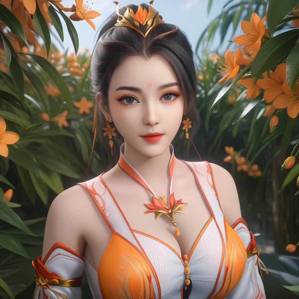 <lora:710-DA-XL-师兄啊师兄-酒玖:0.8>(,1girl, ,best quality, ),looking at viewer,  ,ultra detailed background,ultra detailed background,ultra realistic 8k cg,, ,masterpiece, (( , )),, ,      ,  orange blossoms,  (cleavage), (), ,, 