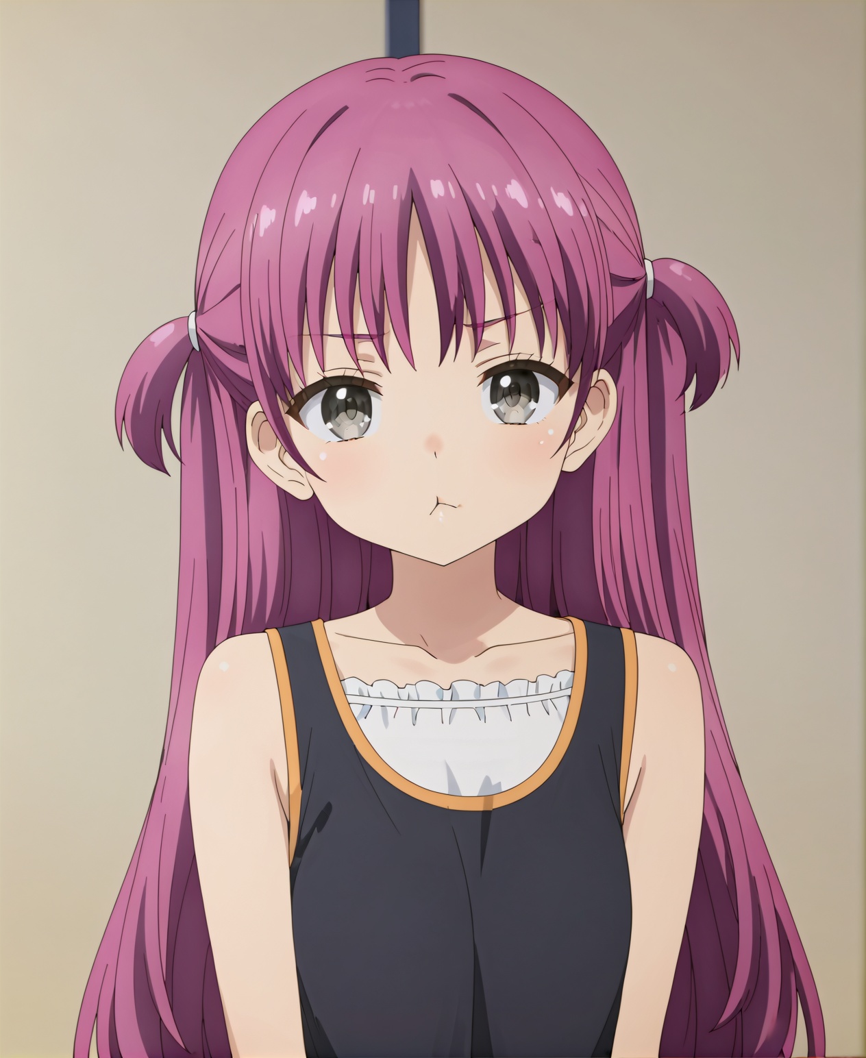1girl,solo,long hair,looking at viewer,collarbone,upper body,purple hair,sleeveless,two side up,grey eyes,traditional media,:t,pout,<lora:pony加藤羽未1.0:0.8>,