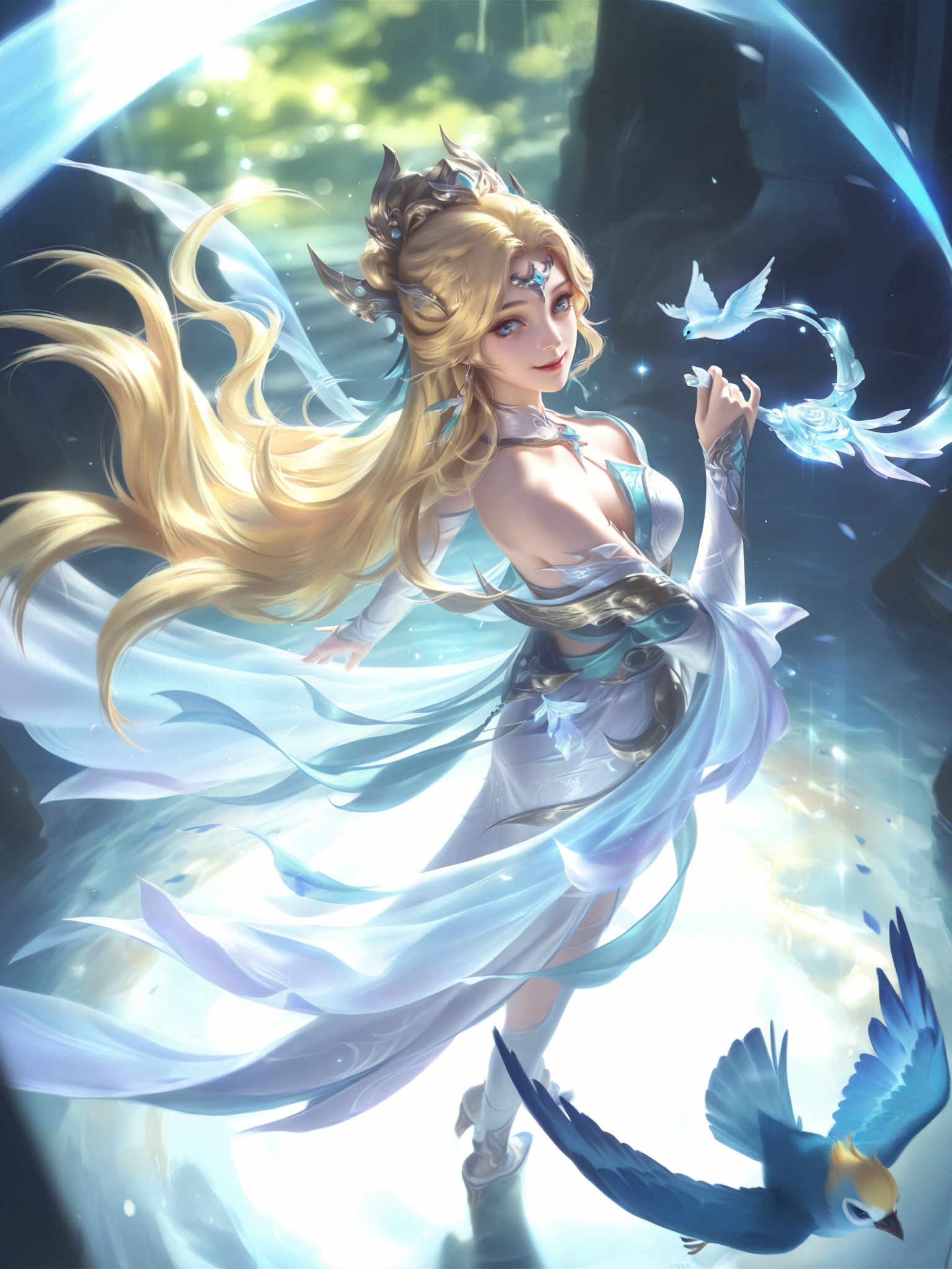 MLiang,BREAKMLiang,1girl,solo,long hair,looking at viewer,smile,blue eyes,blonde hair,hair ornament,dress,holding,bare shoulders,looking back,mask,bird,BREAKbest-quality,masterpiece,[with a high-end texture],(extremely detailed CG unity 8k wallpaper,masterpiece),Dramatic Lighting,Ray Tracing,(8k resolution),best quality,absurdres,detailed shading,perspective,reoen,depth of field,absurdres,masterpiece,with a high-end texture,full body,mvery awe,aesthetically pleasing,masterpiece,best quality,amazing quality,very aesthetic,ultra-detailed,high resolution,8k,BREAK<lora:lolart-ill11-v5.1:0.3>,<lora:zhongguoduliu-v3-illustrious:0.3>,<lora:MLiang_园子-000017:0.54>,<lora:20250716-1752629012270:0.4>,