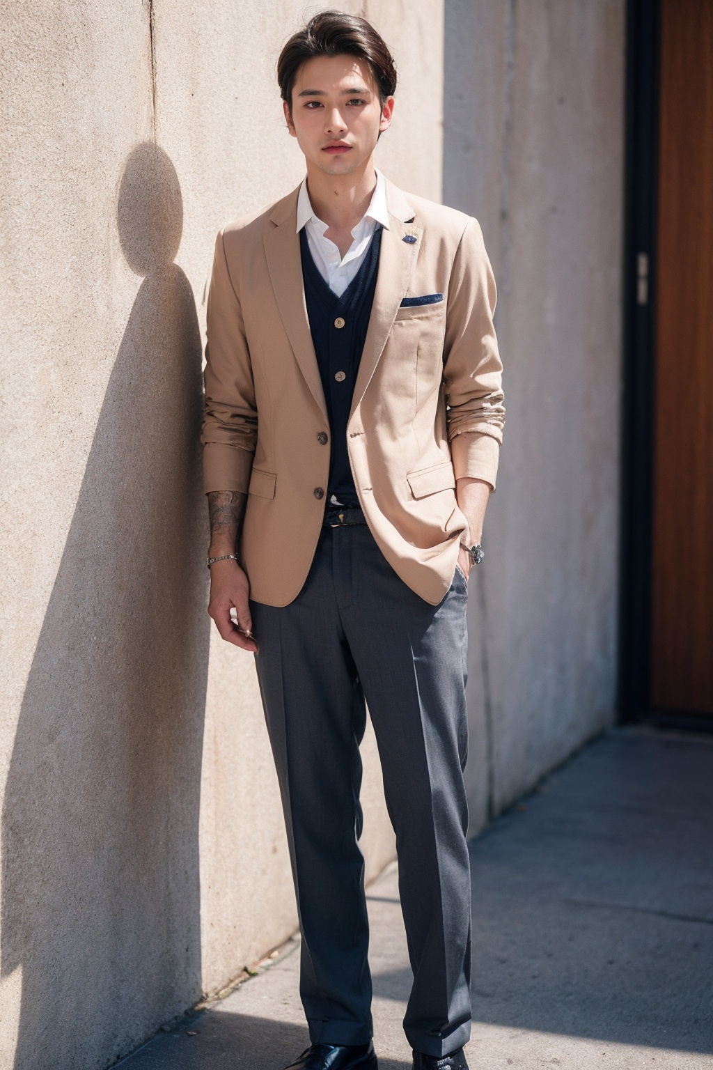 (1man:1.4),(male:1.2),(full body:1.2),(Collared shirt and blazer and suit trousers:1.4),<lora:Male_1:0.8>,