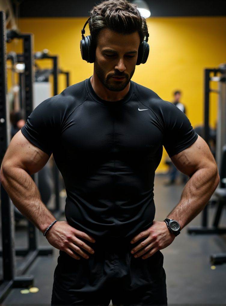 c3v4n ,  A detailed low-angle image. in exceptional quality. He is in a gym with a predominance of black and a little yell...