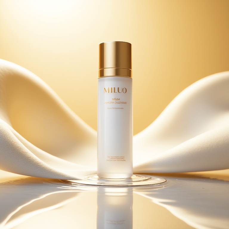 mids,Photo of a white, cylindrical bottle with a gold cap, placed on a reflective surface. The bottle has the name "MILUO" written in gold lettering on the front. The background is a soft, golden gradient with wavy lines, creating a sense of movement. The lighting is soft and warm, highlighting the bottle and its surroundings. The overall aesthetic is luxurious and elegant..<lora:t-流体美妆v1.3:1>