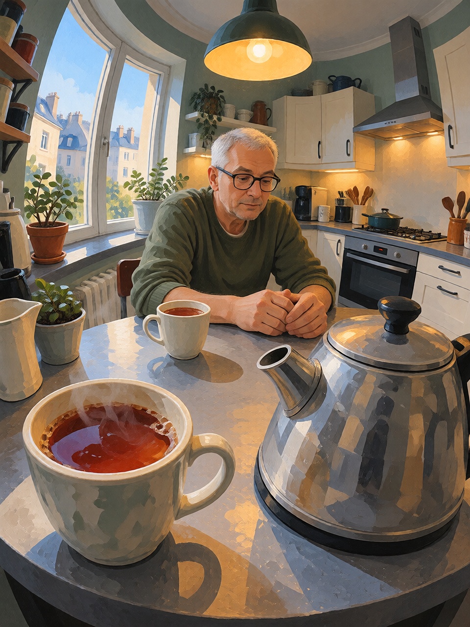 A man sitting alone at a small kitchen table,  a kettle and cup enlarged in the foreground,  the walls and counter subtly...
